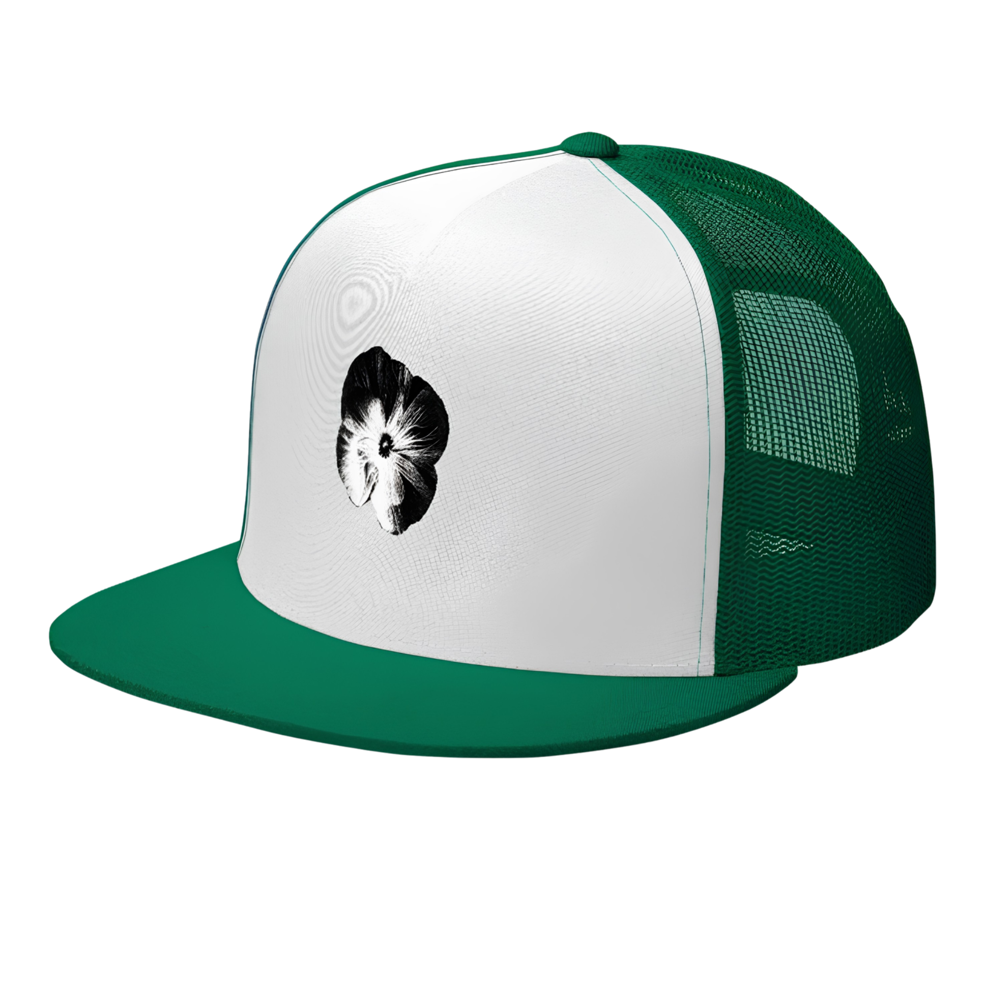 Casquette trucker unisexe avec fleur noire et blanche imprimée sur le devant