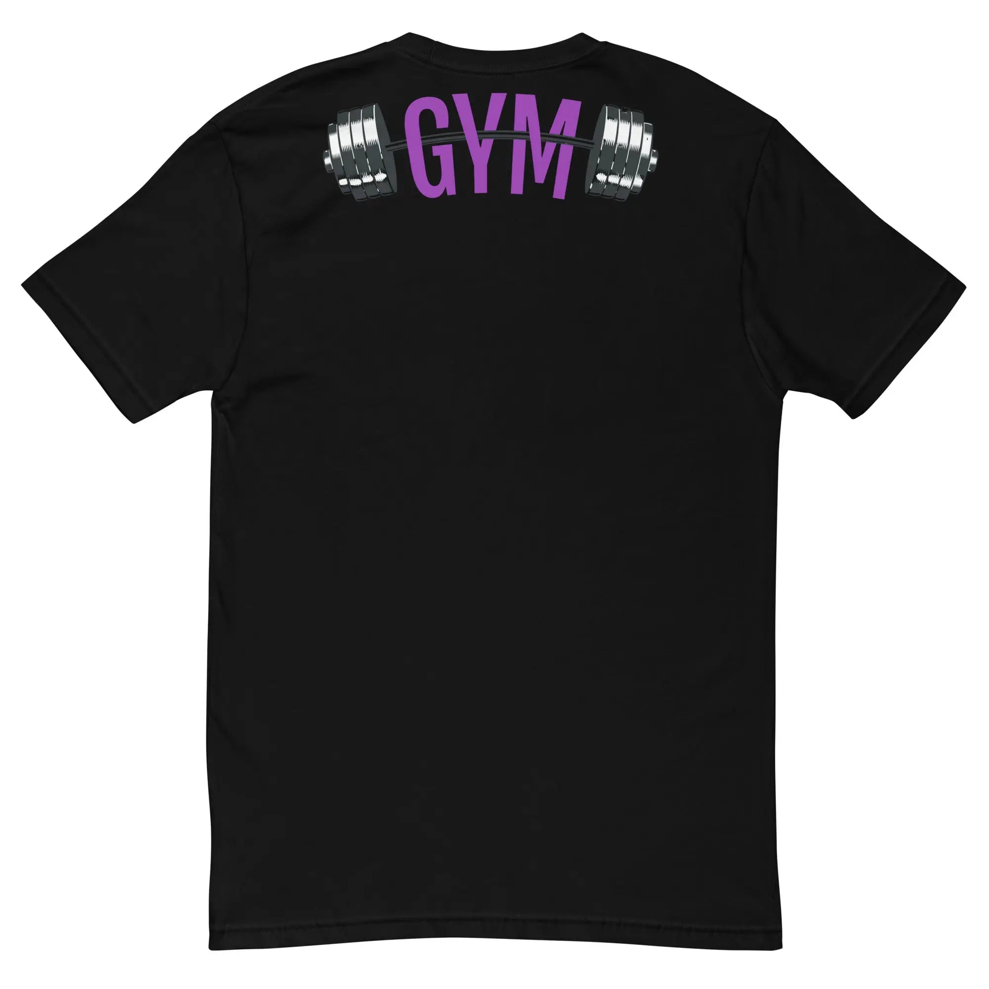 T-shirt ajusté imprimé noir homme avec motif GYM violet et barre d’haltères au dos.