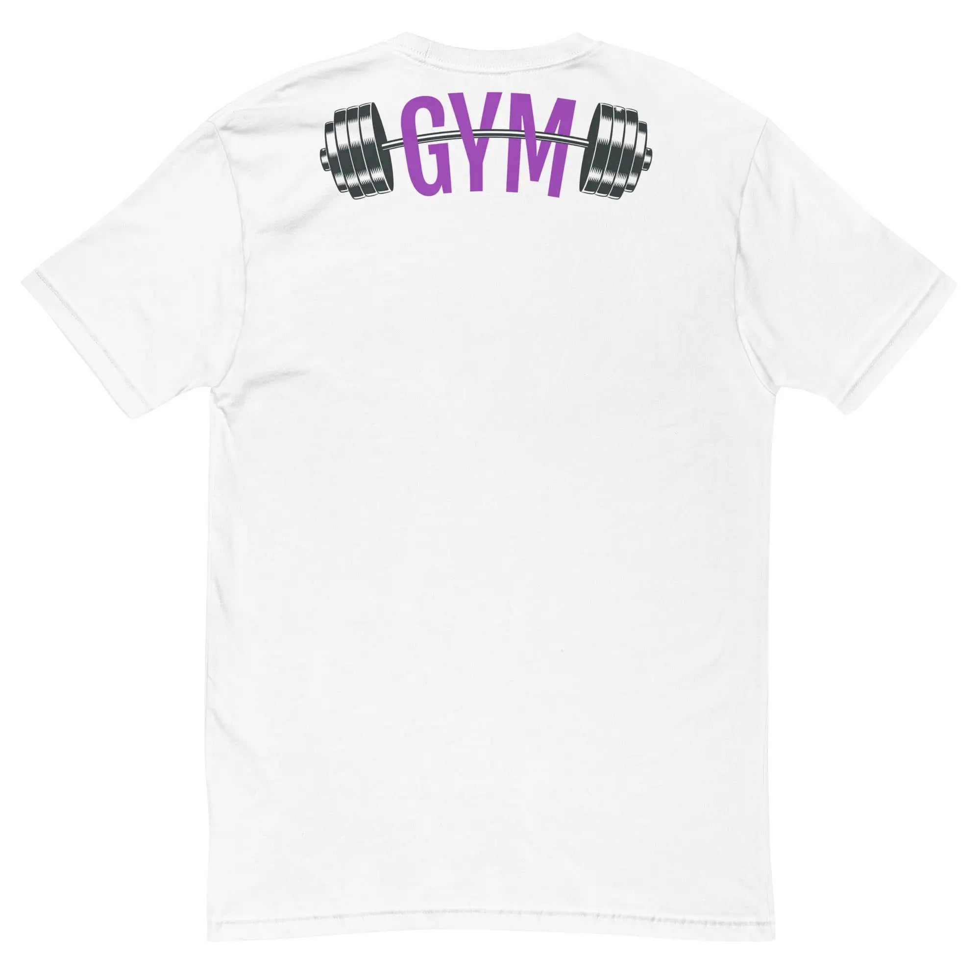 T-shirt ajusté imprimé blanc homme avec motif GYM violet et barre d’haltères au dos.