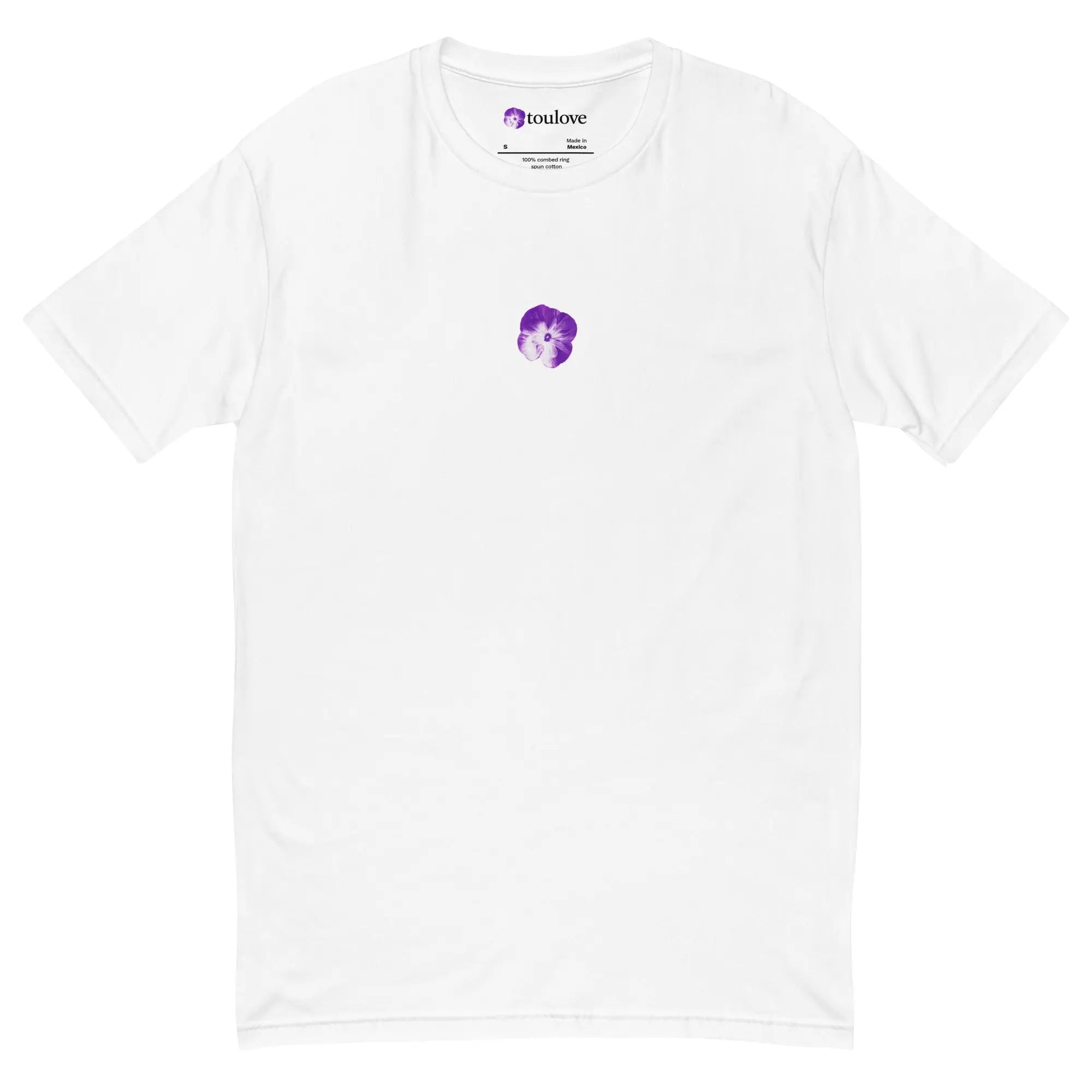T-shirt ajusté imprimé blanc homme avec fleur violette sur le devant.