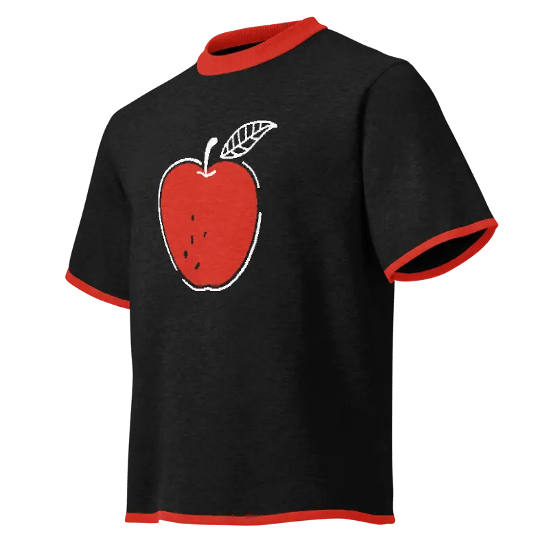 T-shirt maille classique unisexe vue de côté avec design pomme rouge et col contrasté.