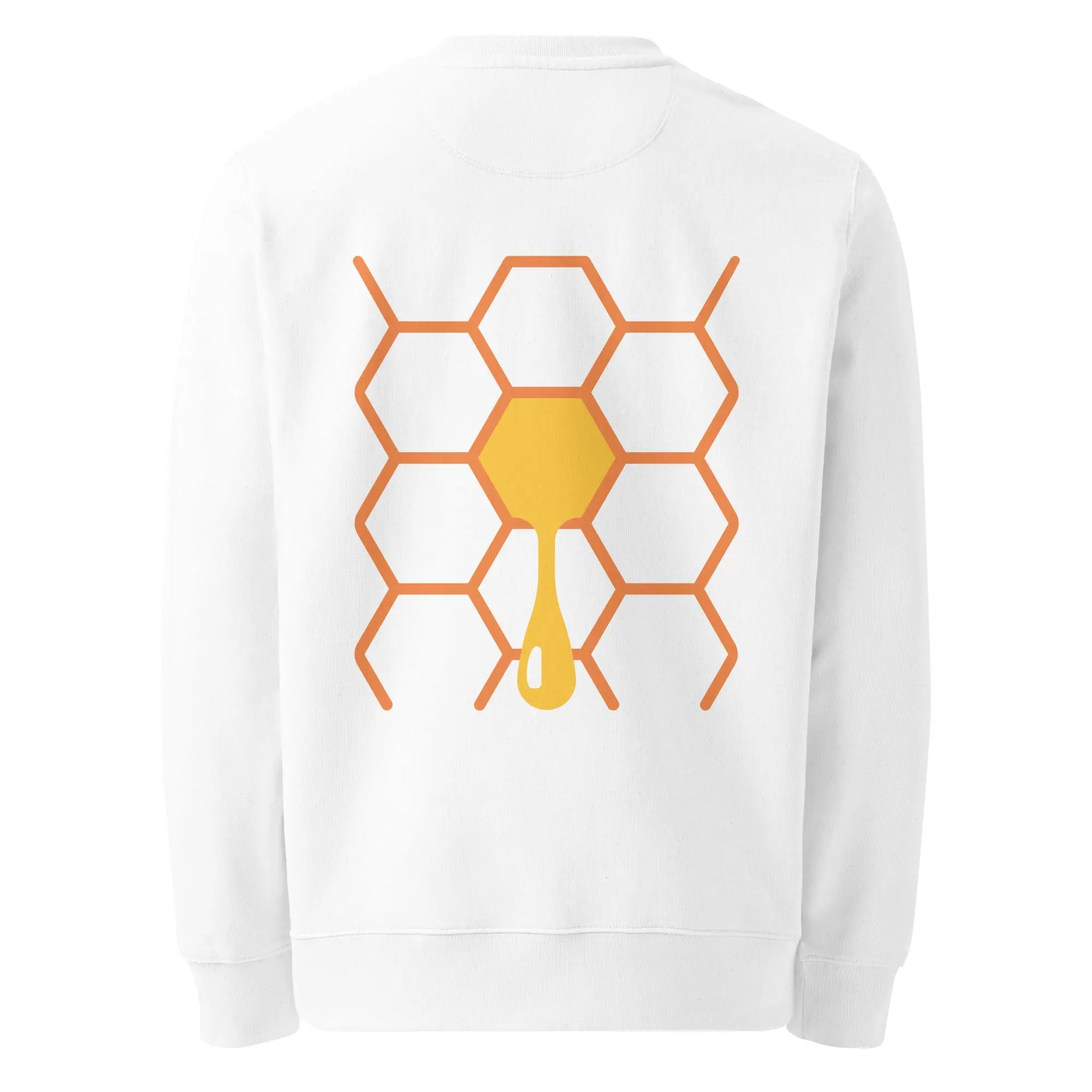 Sweat unisexe blanc imprimé miel avec abeille et alvéoles au dos
