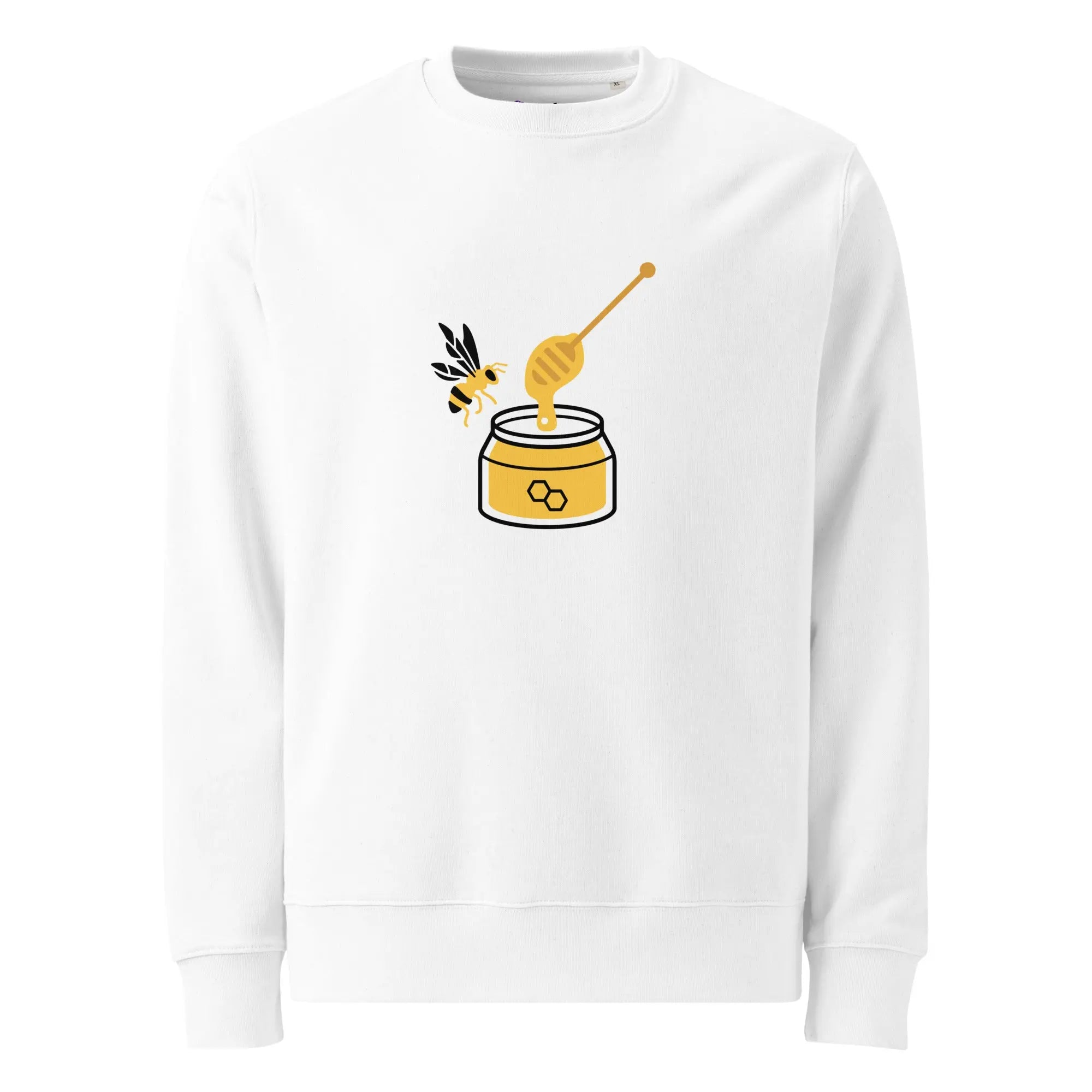 Sweat unisexe blanc imprimé miel avec abeille et alvéoles au dos