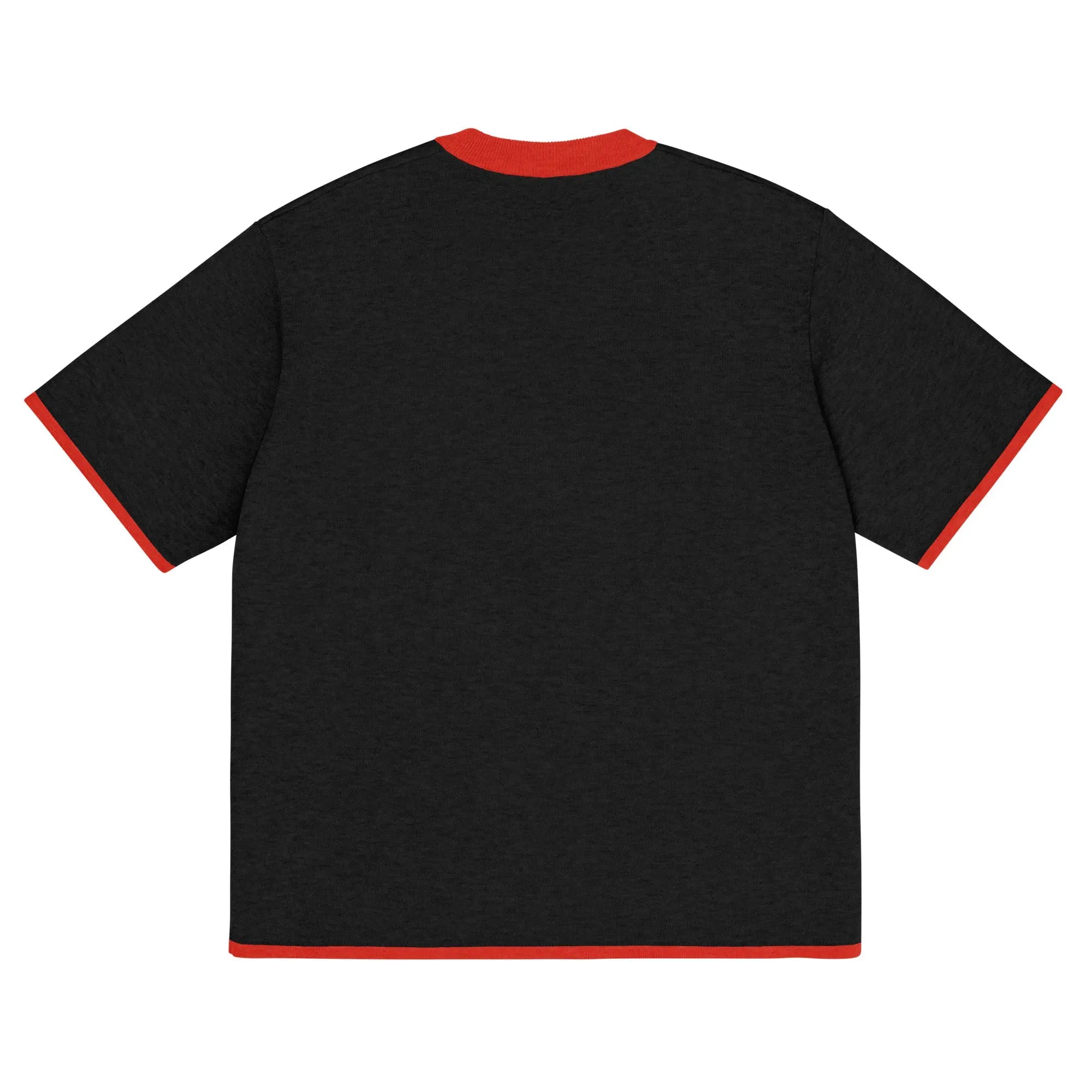 T-shirt maille classique unisexe vue dos noir chiné avec bordures rouges.