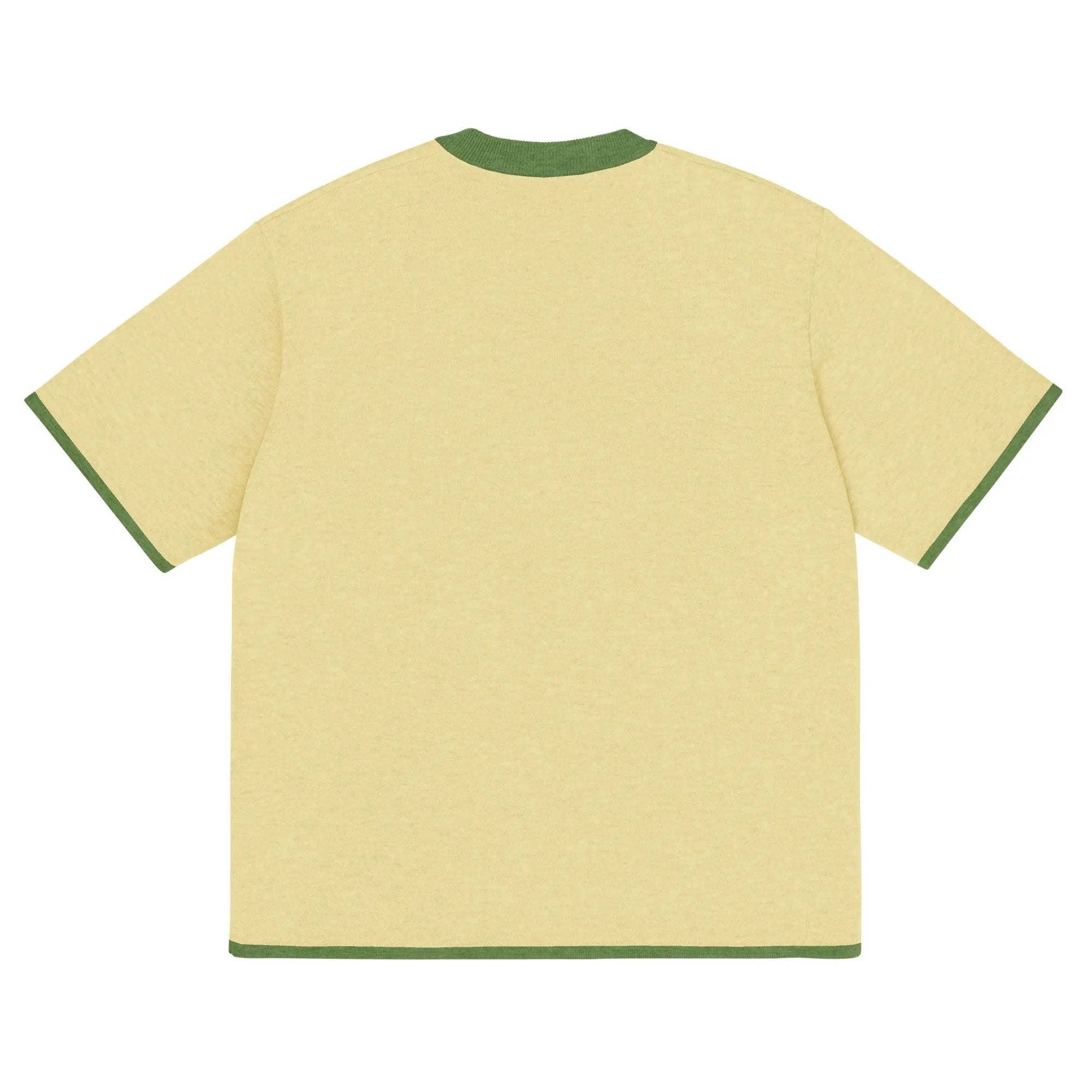 T-shirt maille classique unisexe vue dos avec base jaune et bordures vertes.