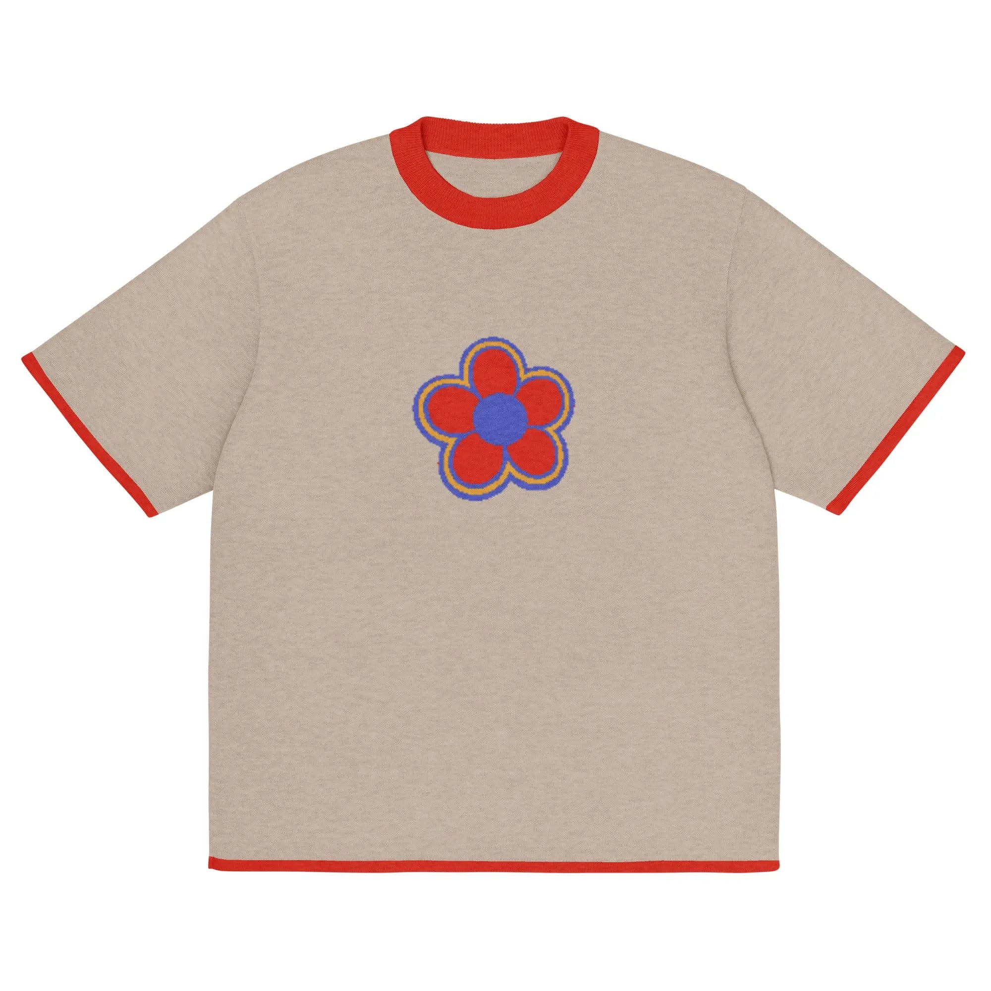 T-shirt maille classique beige unisexe avec fleur rouge et bleue au centre