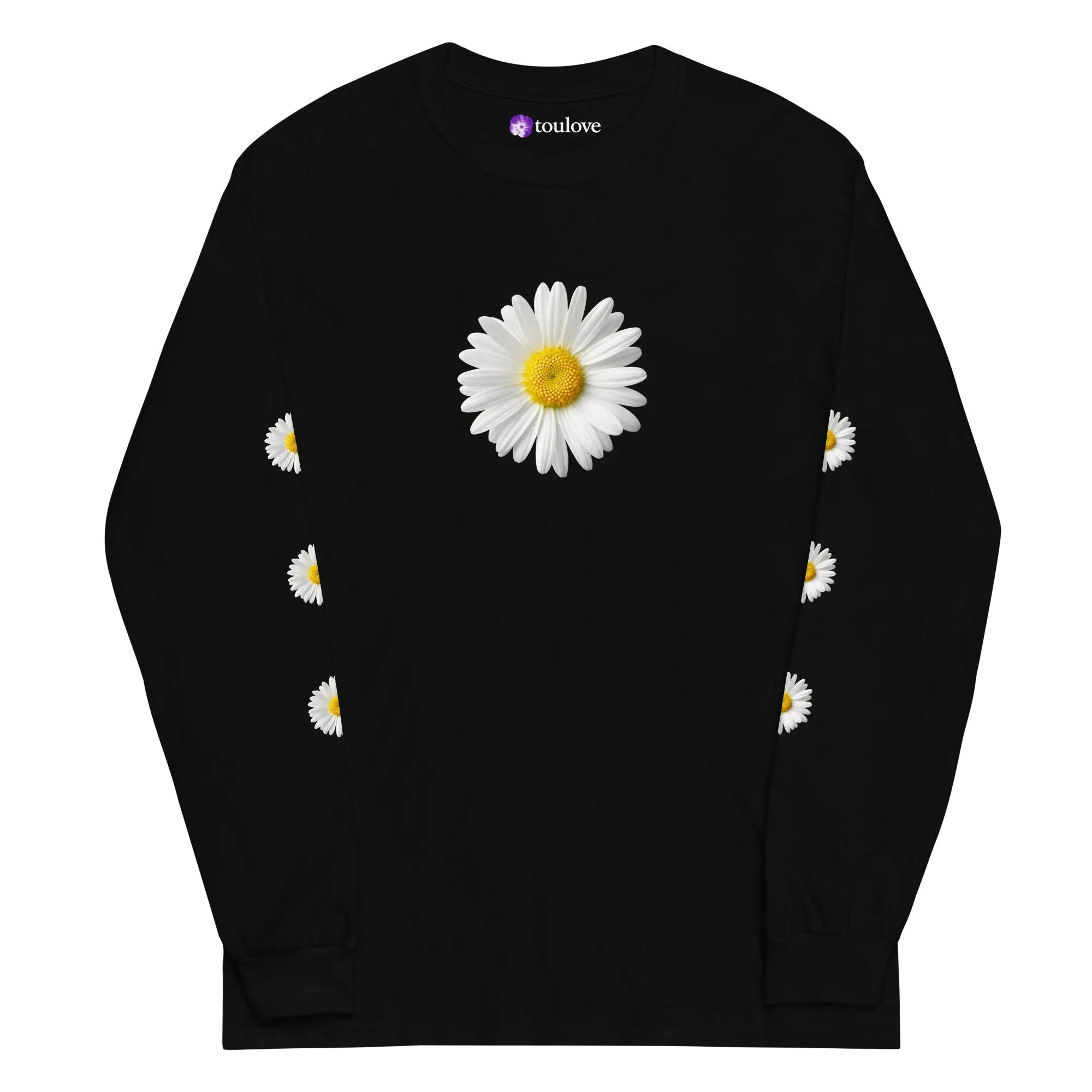 T-shirt manches longues imprimé noir homme avec grande marguerite blanche sur la poitrine.