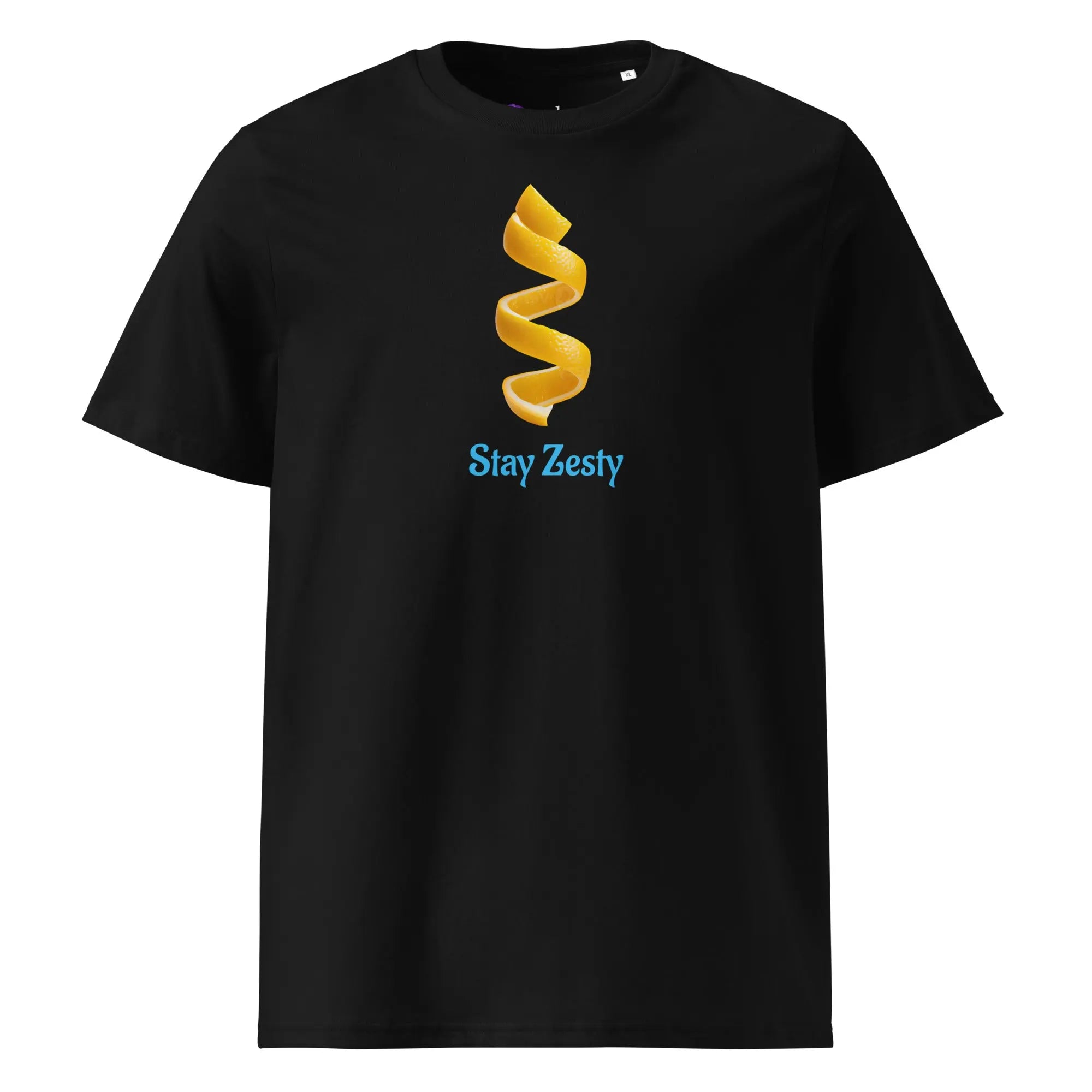 T-shirt en coton bio noir unisexe avec zeste de citron jaune et texte Stay Zesty.
