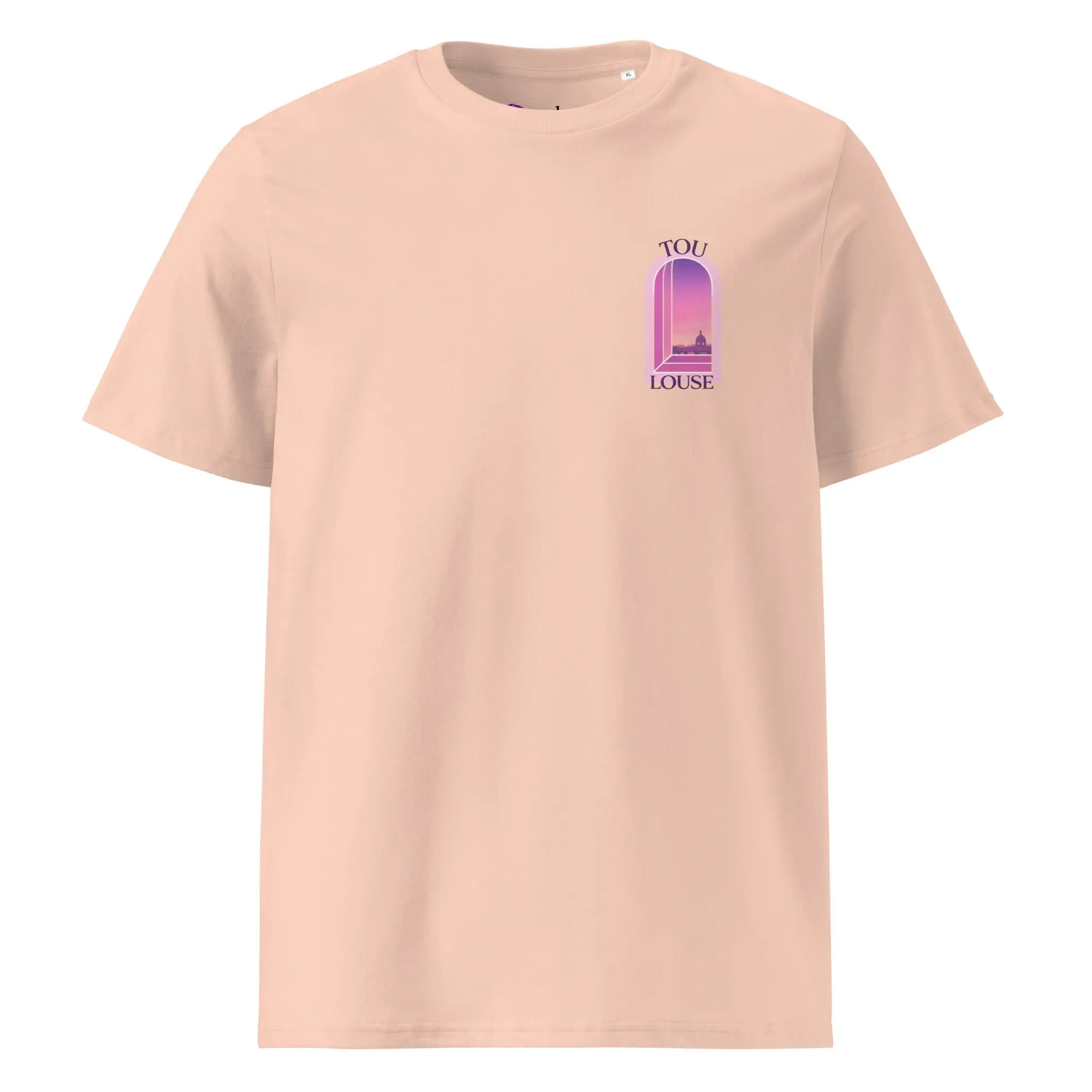 T-shirt en coton bio imprimé Toulouse homme couleur pêche avec petit motif poitrine