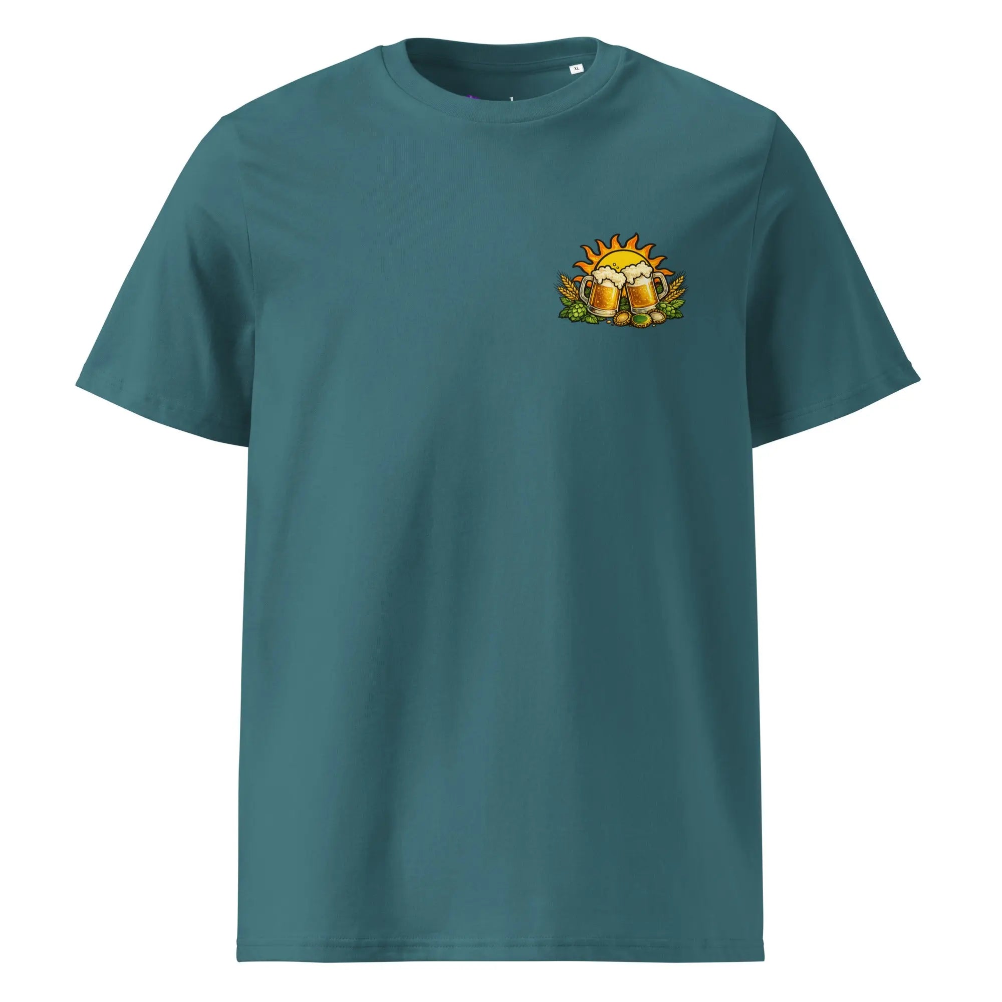 T-shirt homme en coton bio avec chopes de bière, soleil et houblon