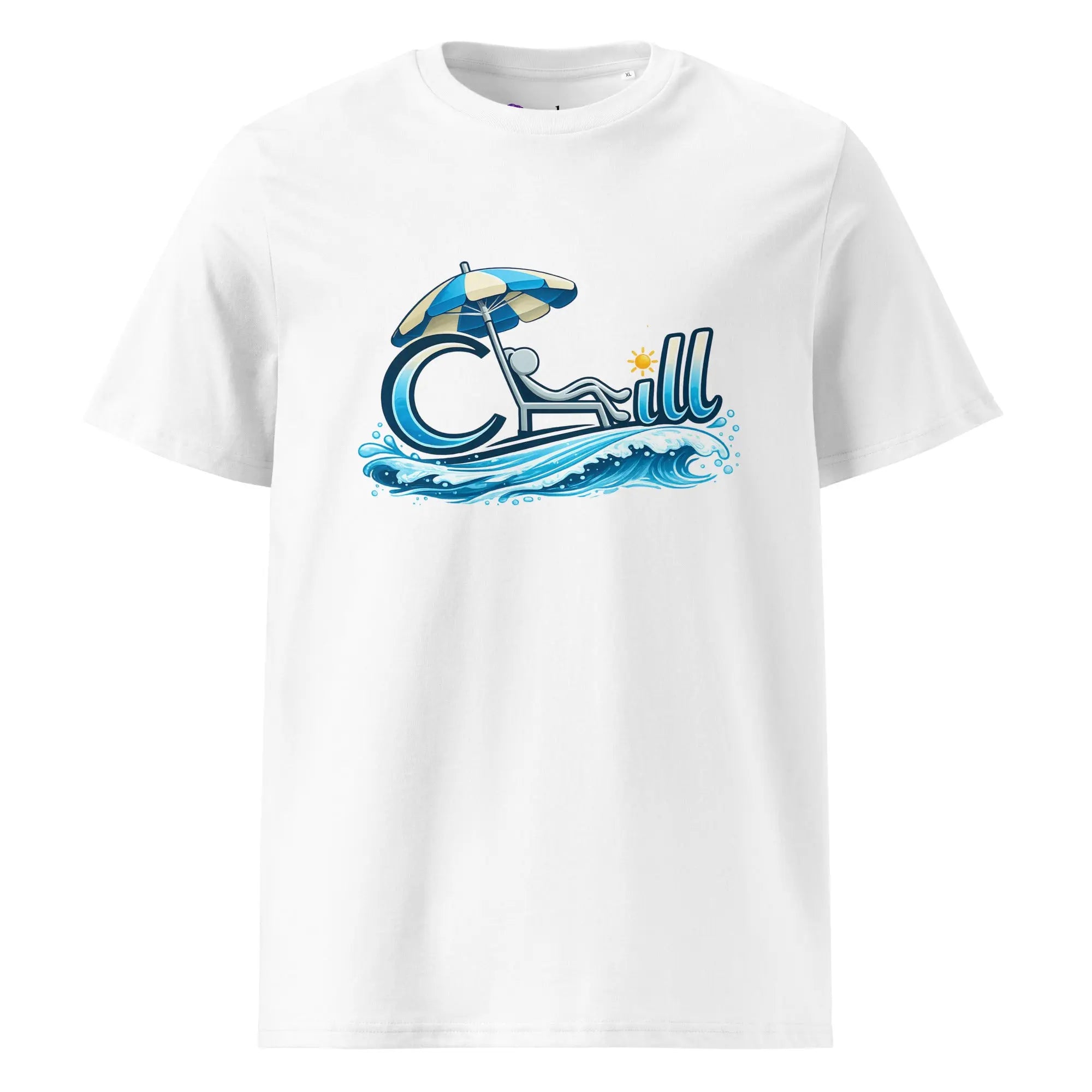 T-shirt Chill coton bio unisexe avec design vague, parasol et ambiance plage.