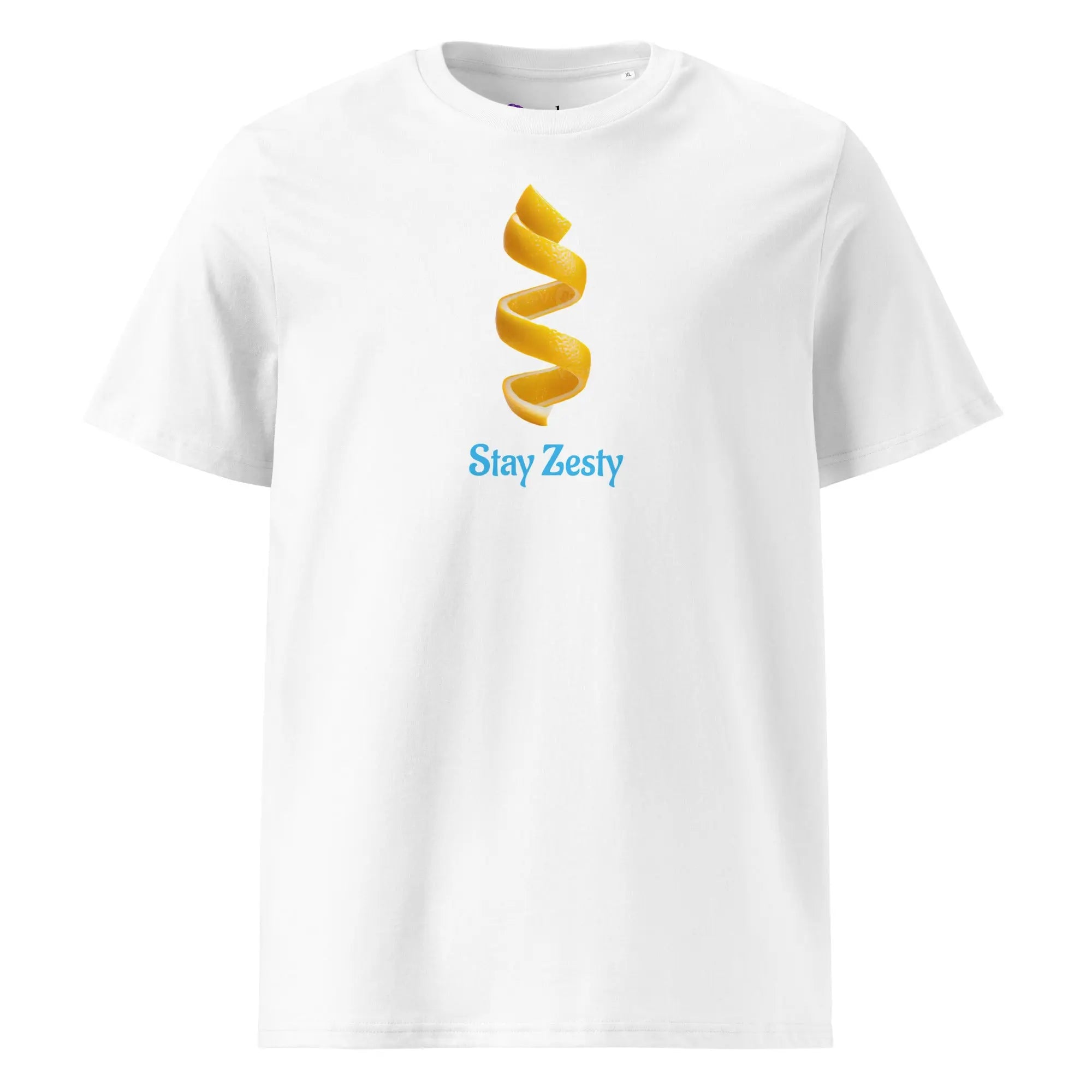 T-shirt en coton bio blanc unisexe avec zeste de citron jaune et texte Stay Zesty.