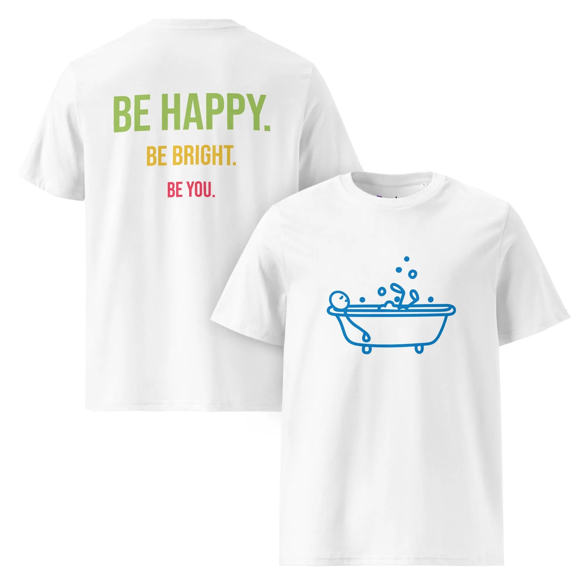 T-shirt à col montant imprimé blanc unisexe avec design bain devant et message positif au dos.