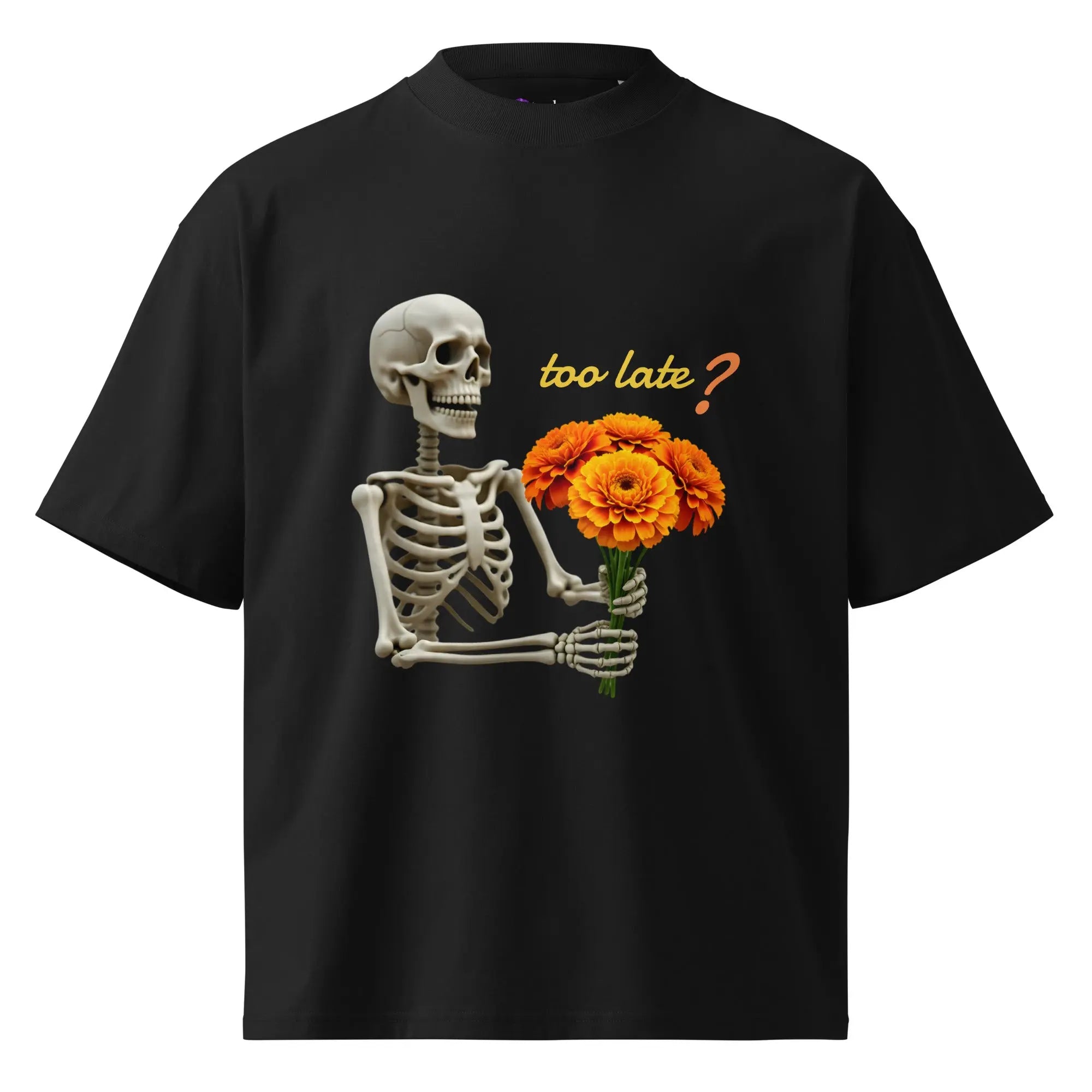 T-shirt oversize imprimé homme avec squelette, bouquet de fleurs orange et texte too late.