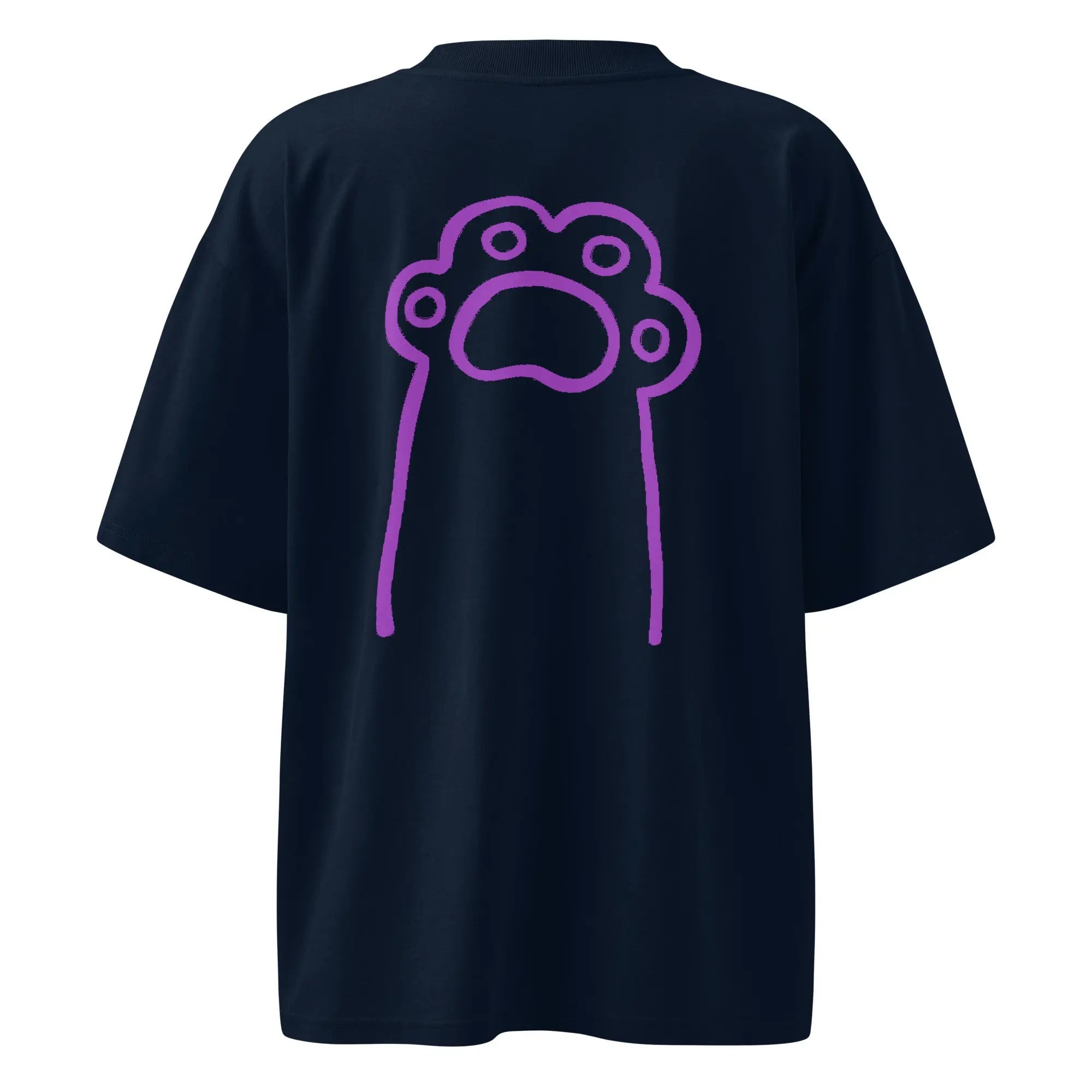 T-shirt oversize imprimé marine unisexe avec grande patte de chat violette au dos. Méta titre — 57 caractères :