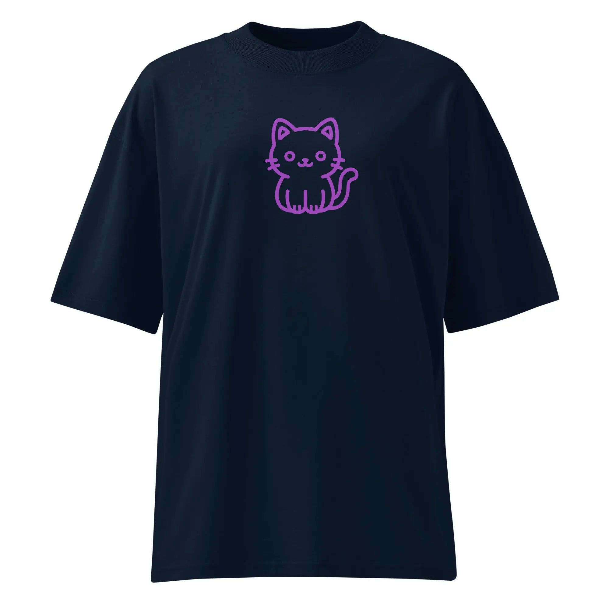 T-shirt oversize imprimé marine unisexe avec petit chat violet sur la poitrine.