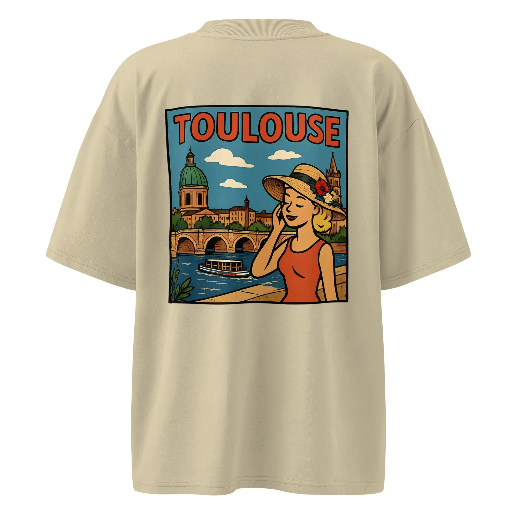 T-shirt oversize unisexe imprimé Toulouse avec fleurs sur le devant et illustration rétro au dos