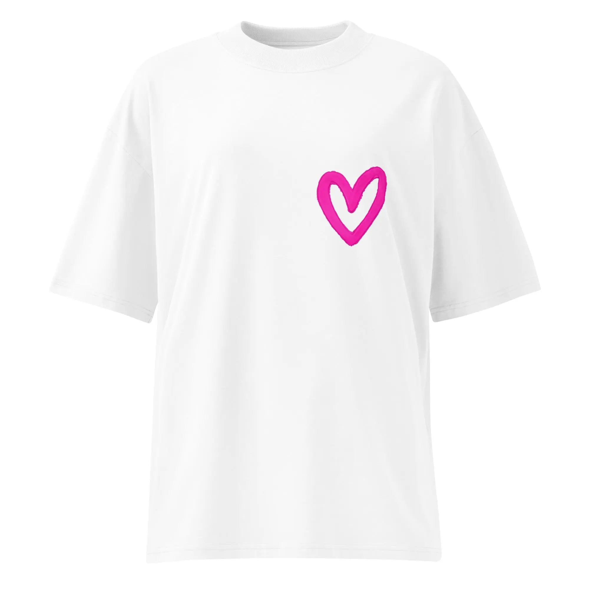 T-shirt oversize blanc unisexe avec cœur rose devant et grand imprimé TLS Toulouse au dos