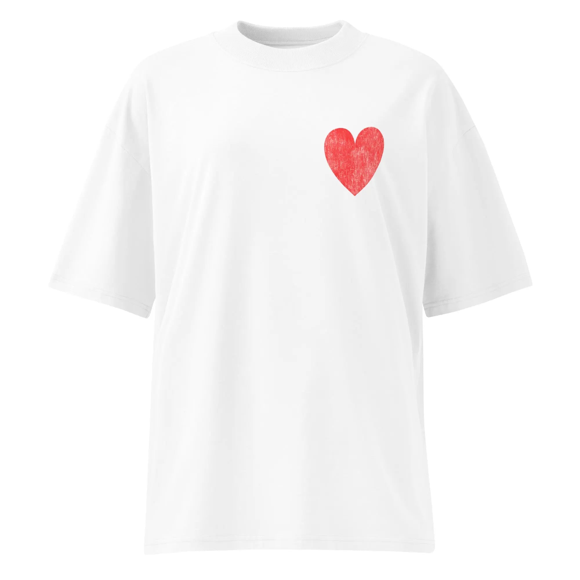 T-shirt oversize blanc unisexe avec cœur rouge devant et message I Love Toulouse au dos