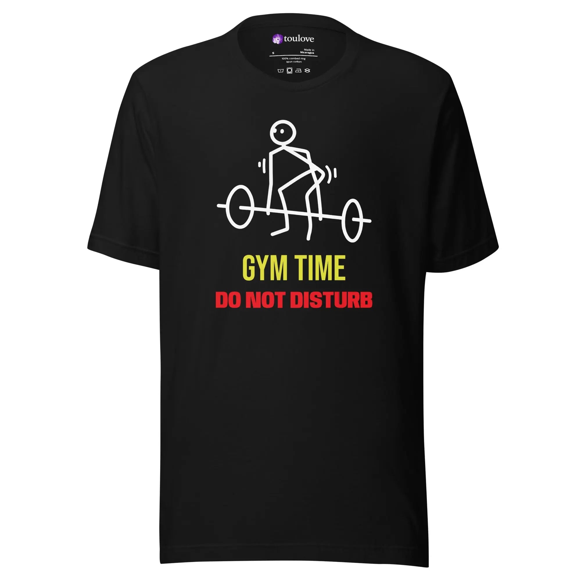 T-shirt imprimé noir unisexe avec design Gym Time Do Not Disturb sur le devant.