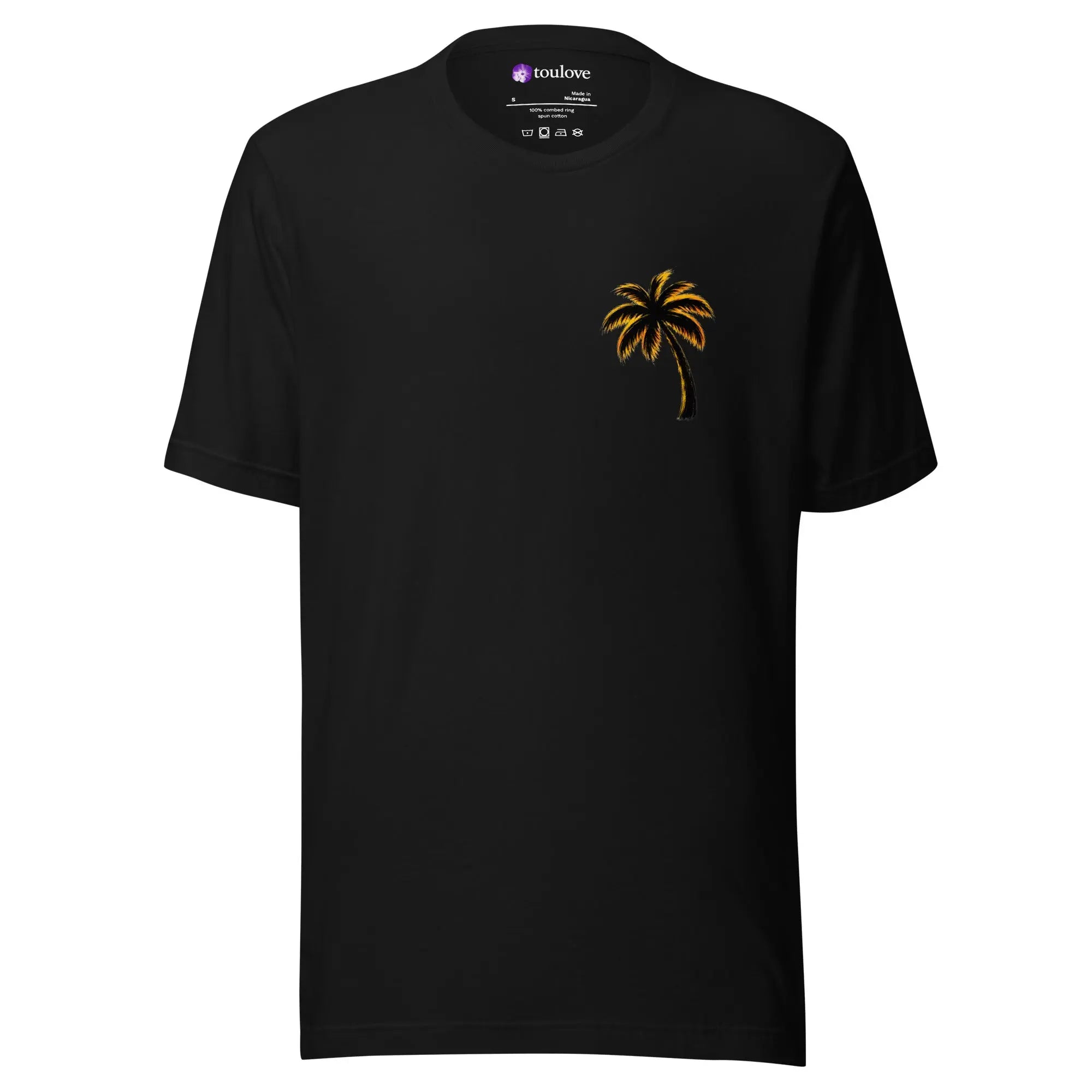T-shirt imprimé noir unisexe avec petit palmier sur la poitrine.