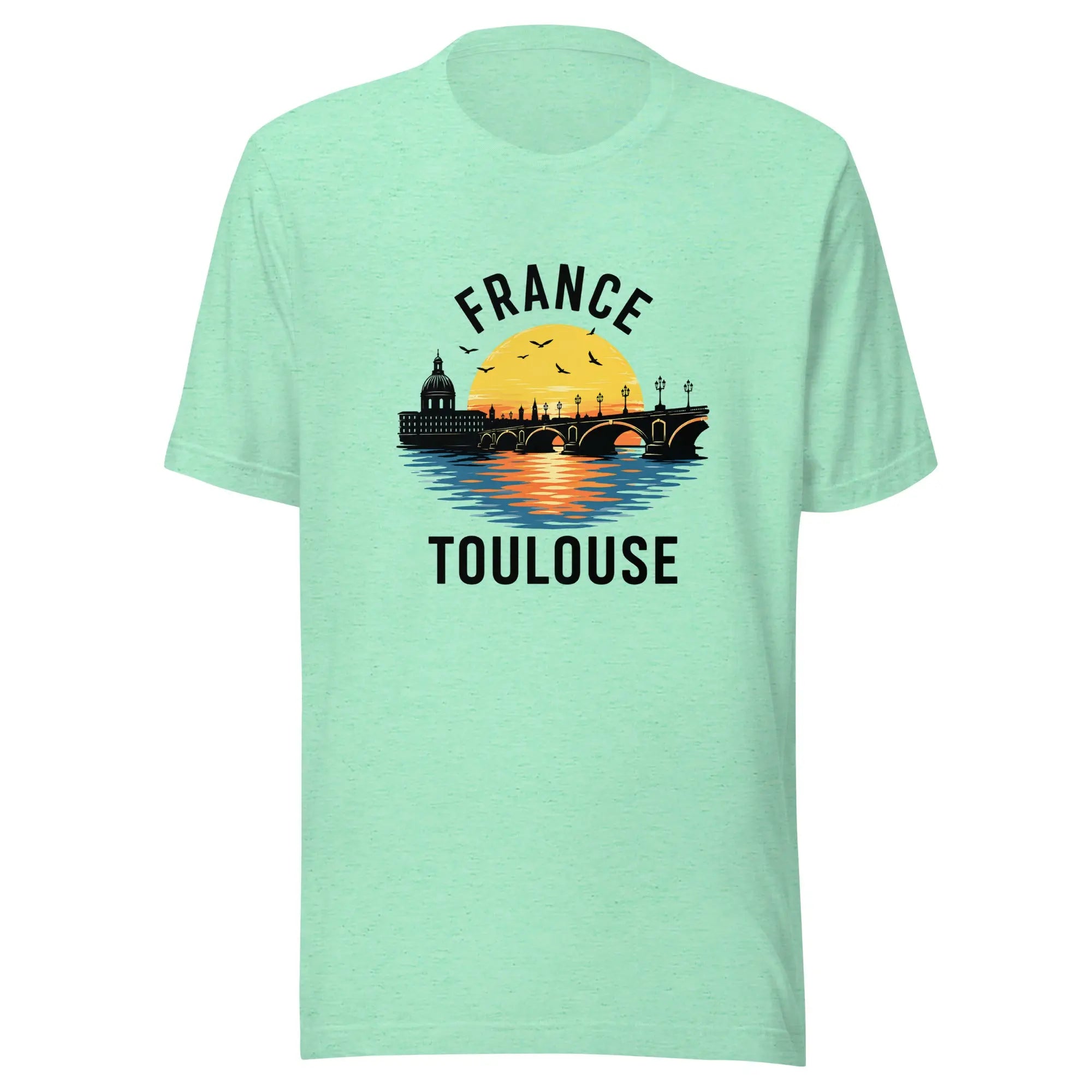 T-shirt imprimé vert menthe unisexe avec design France Toulouse, dôme, pont et reflets sur l’eau.