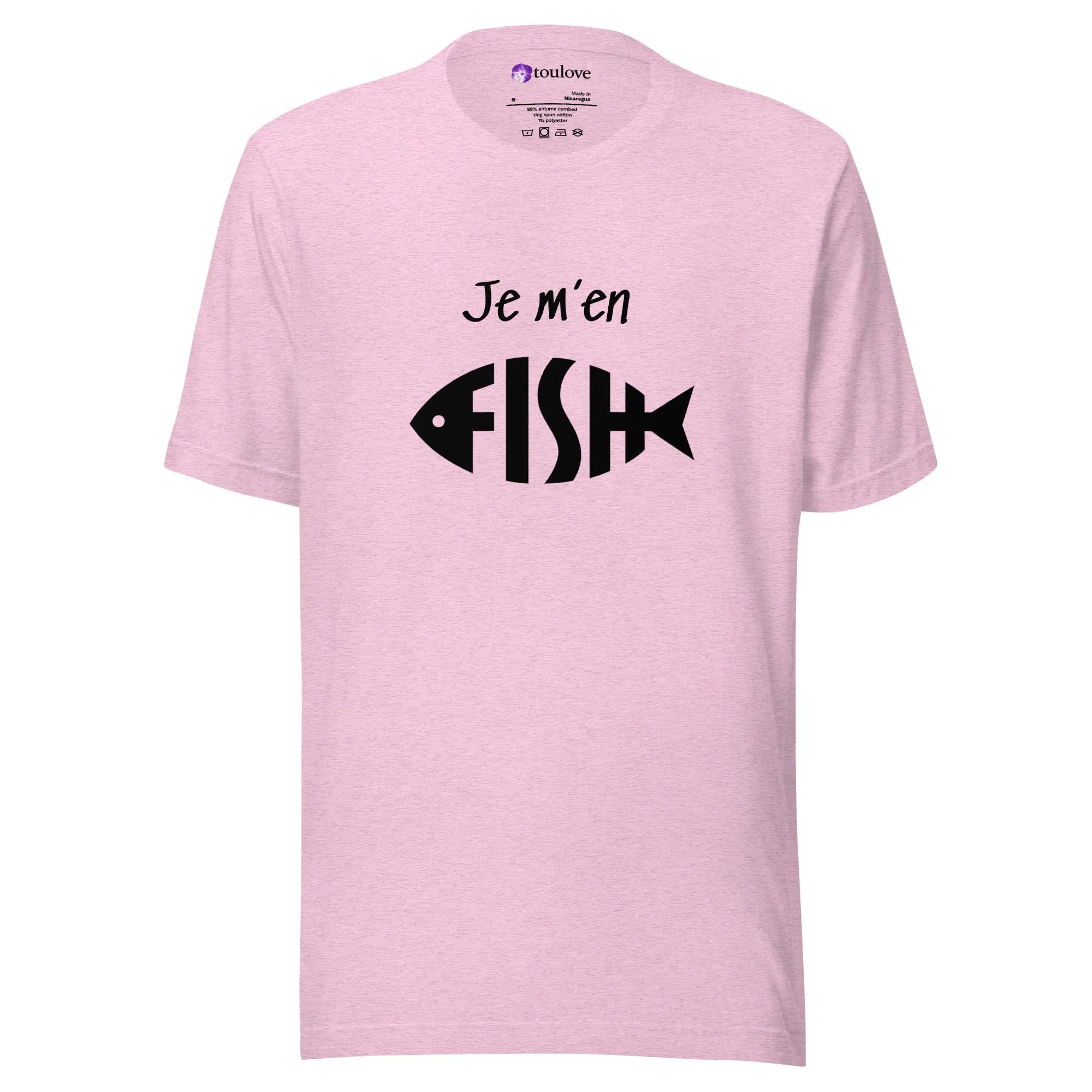 T-shirt imprimé Je m’en Fish rose unisexe avec motif poisson noir