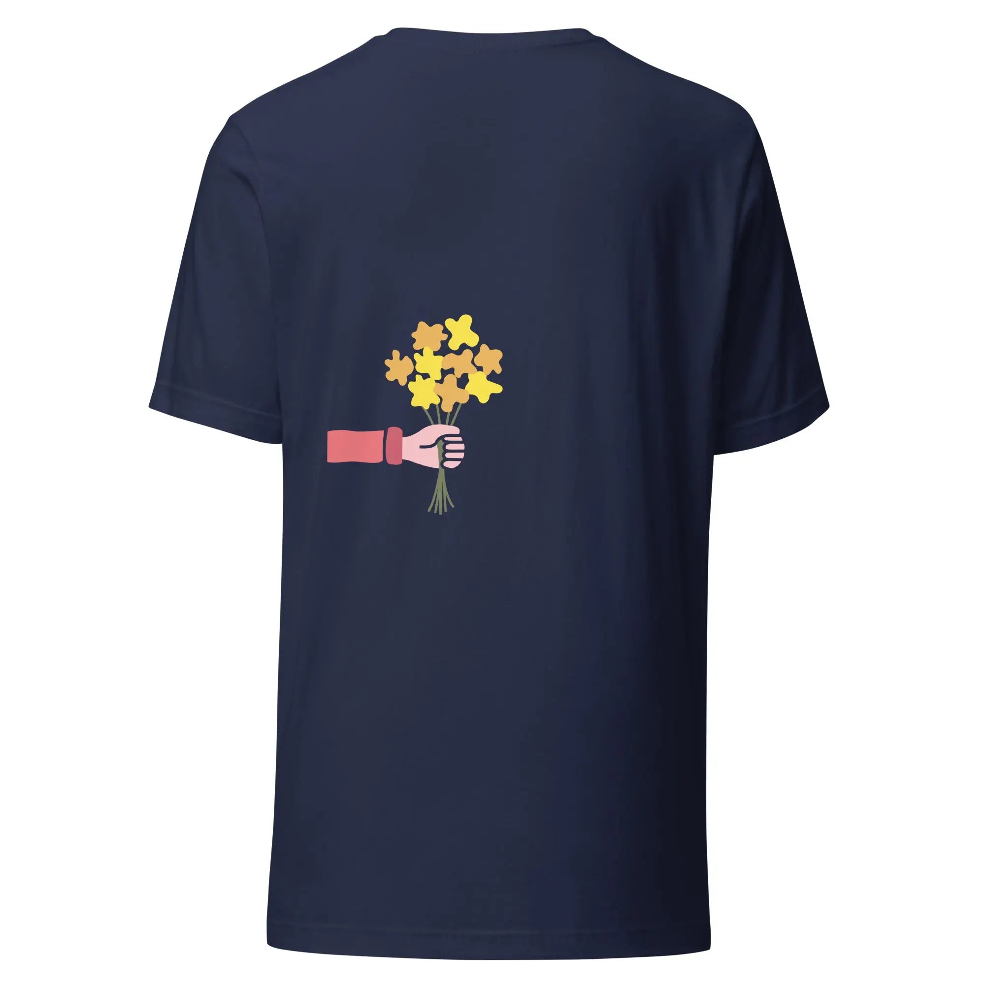 T-shirt imprimé marine unisexe avec bouquet de fleurs jaunes au dos.