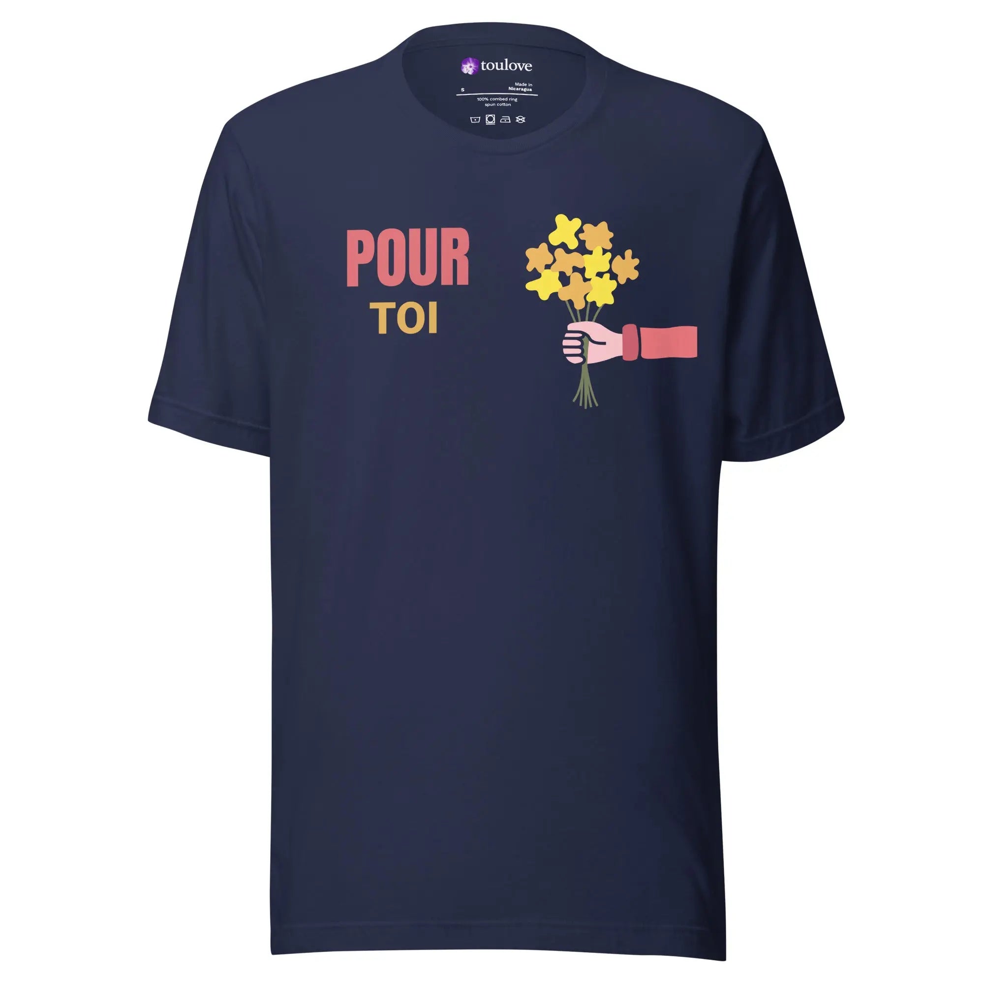 T-shirt imprimé marine unisexe avec texte Pour toi et bouquet de fleurs jaunes.
