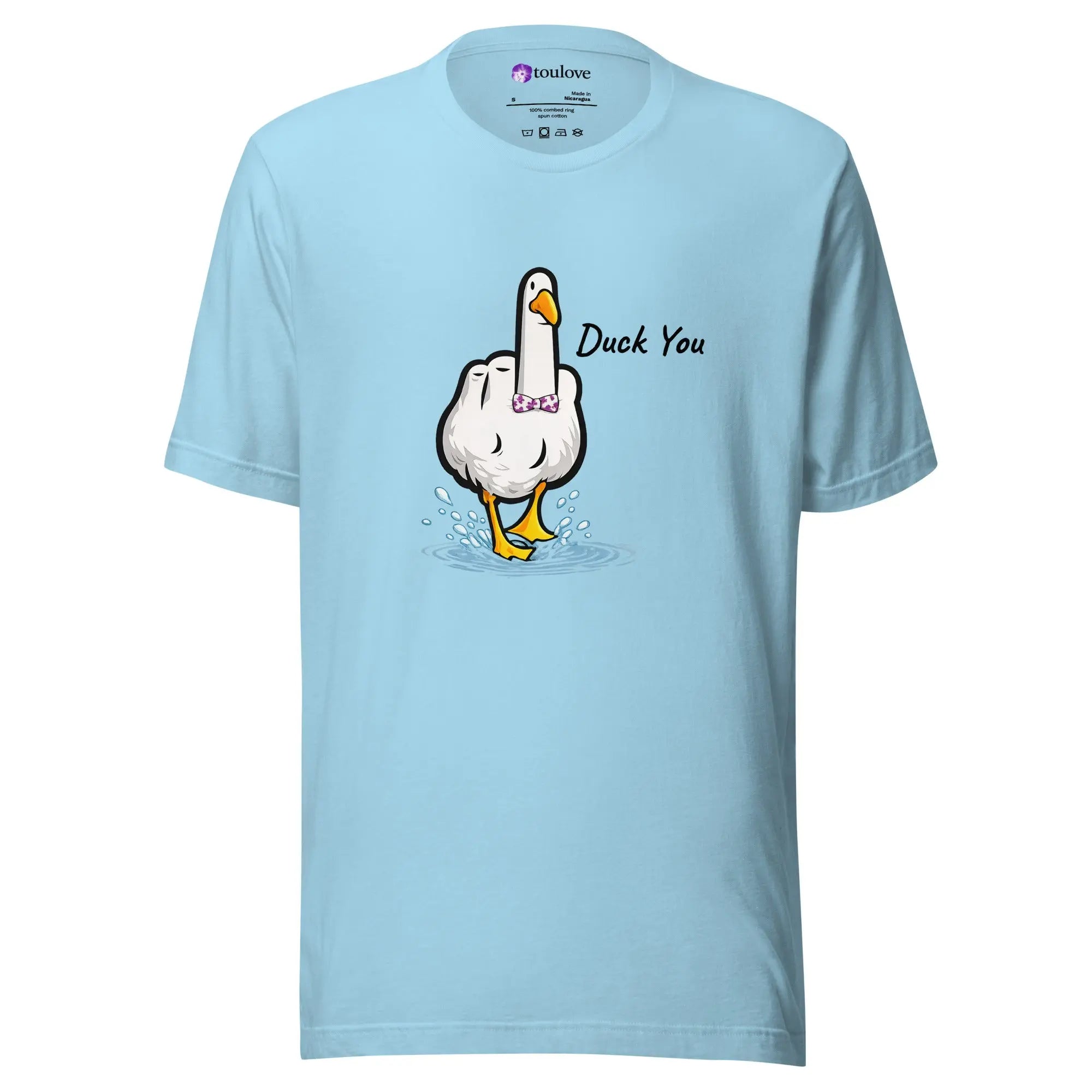 T-shirt imprimé Duck You unisexe avec canard cartoon sur fond bleu