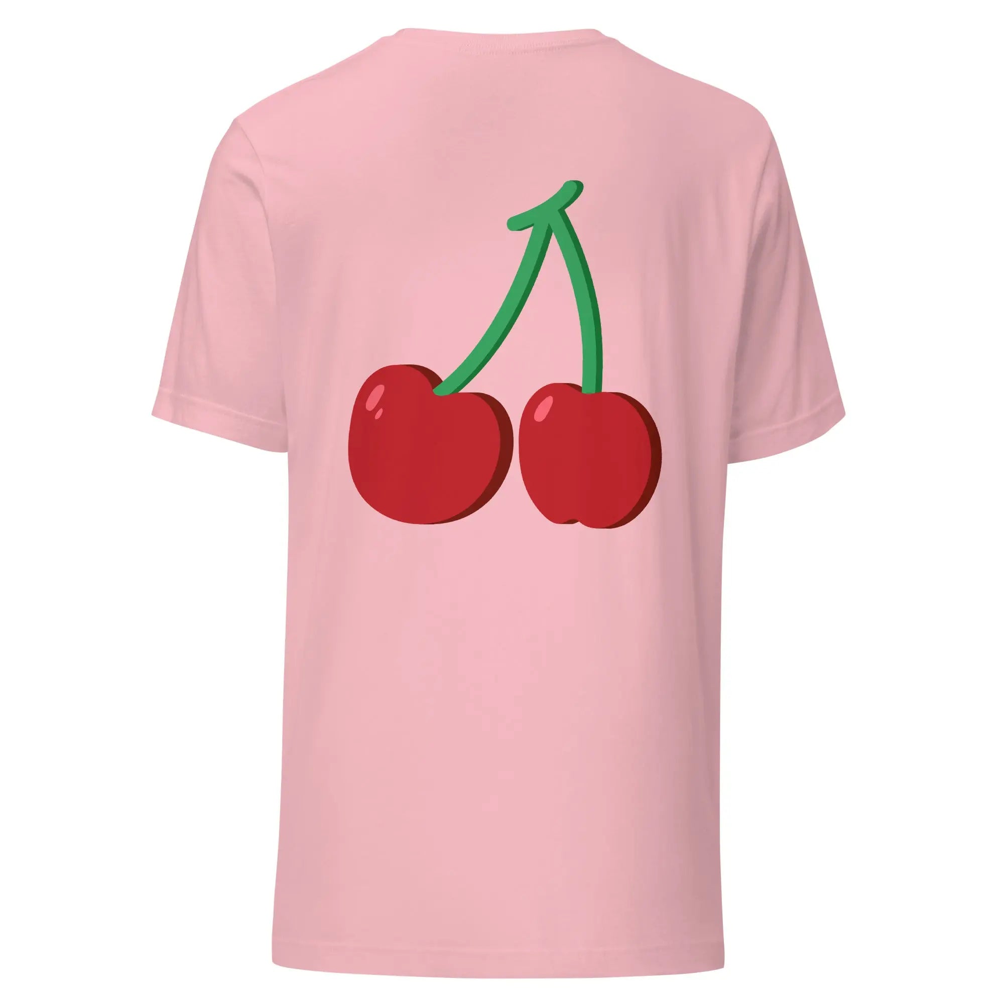 T-shirt imprimé rose unisexe avec grandes cerises rouges au dos.