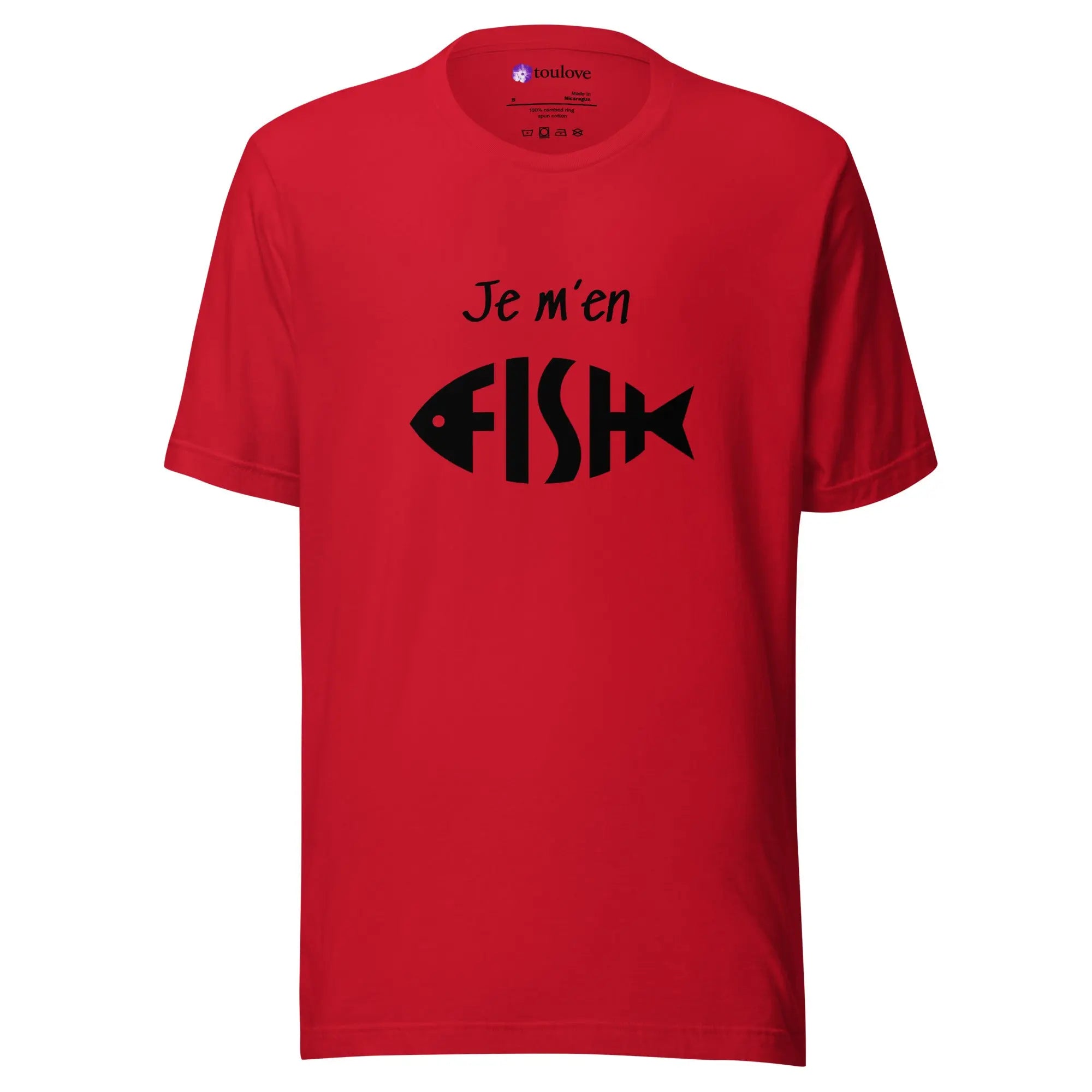 T-shirt imprimé Je m’en Fish rouge unisexe avec motif poisson noir