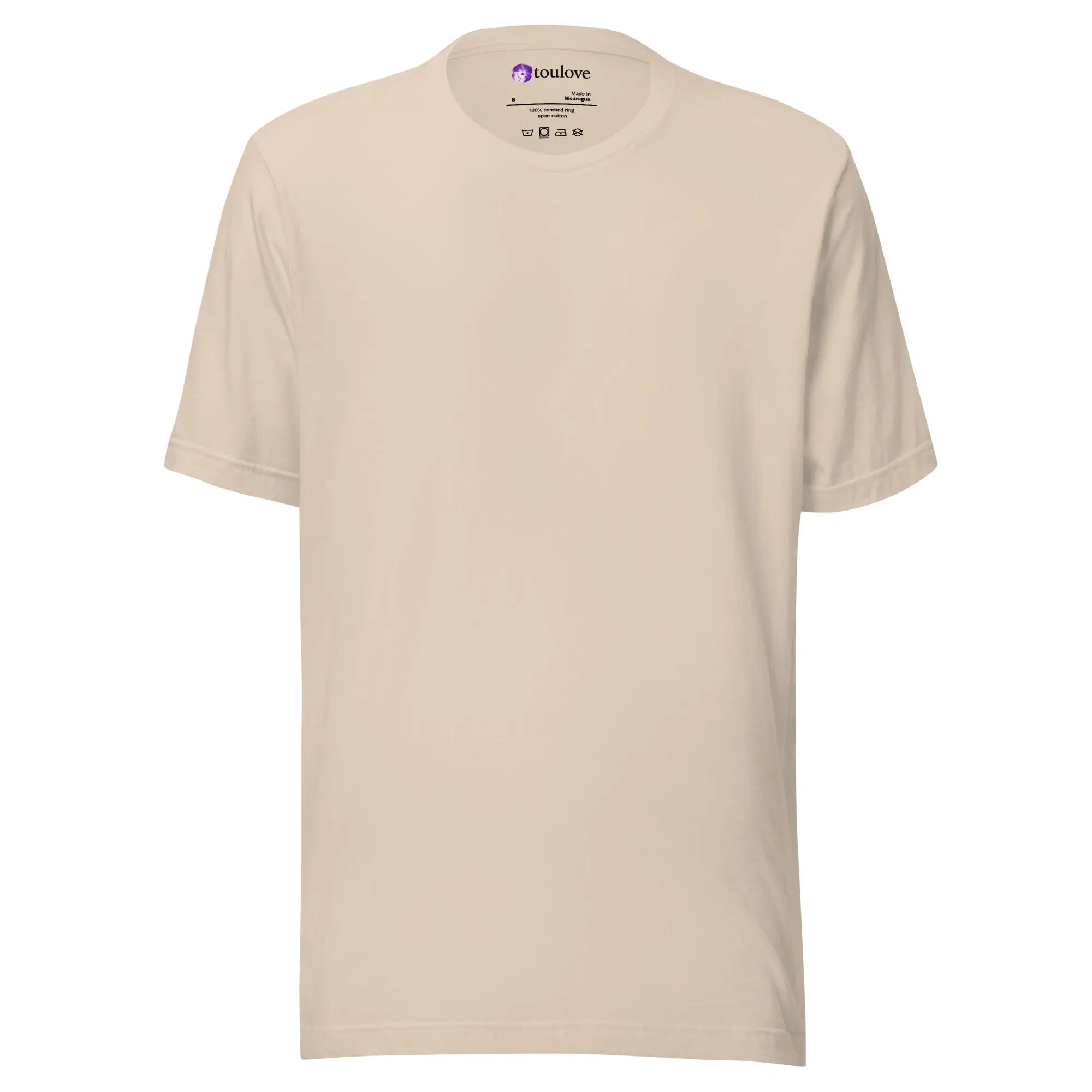 T-shirt imprimé beige unisexe vue devant, coupe classique en coton léger.