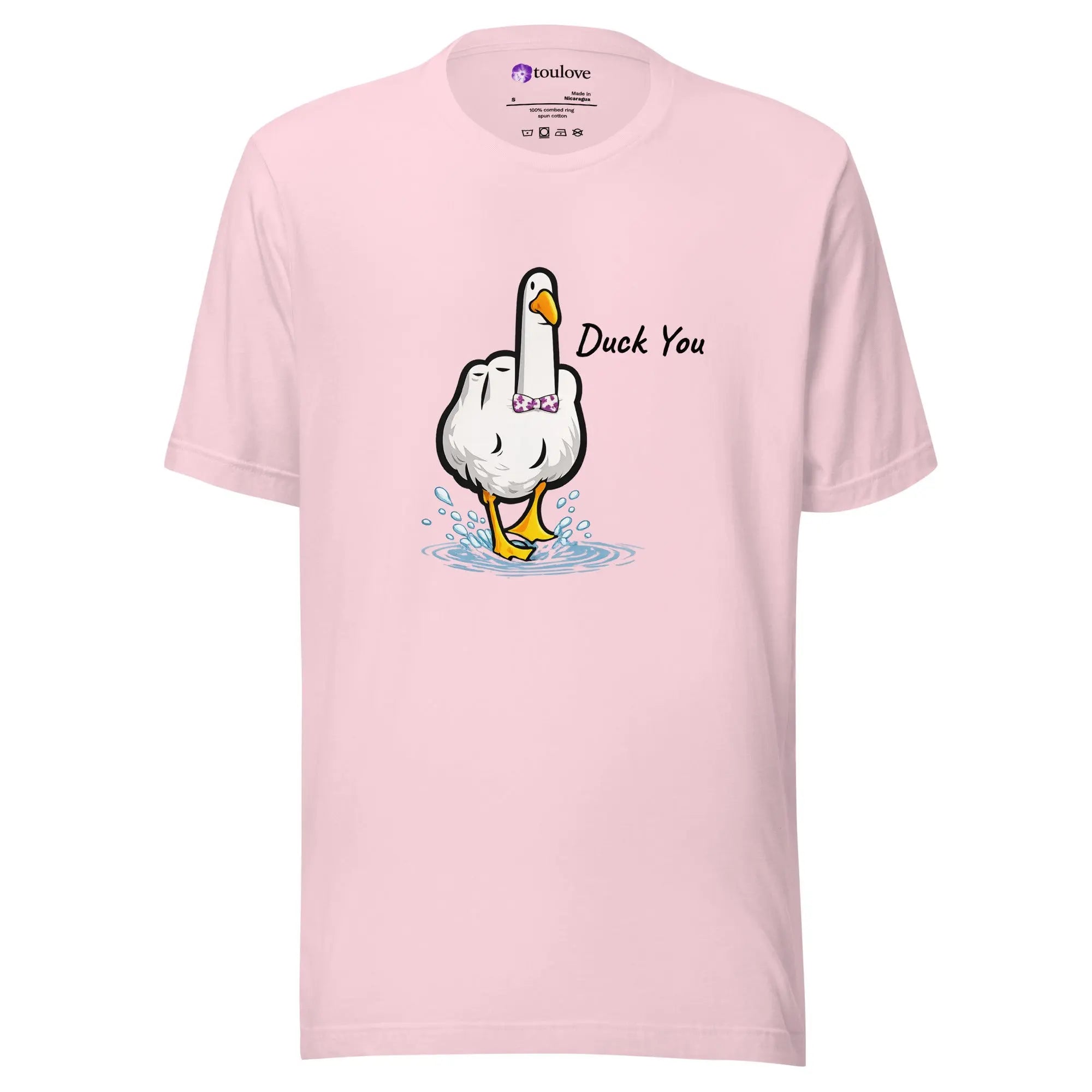 T-shirt imprimé Duck You unisexe avec canard cartoon sur fond rose