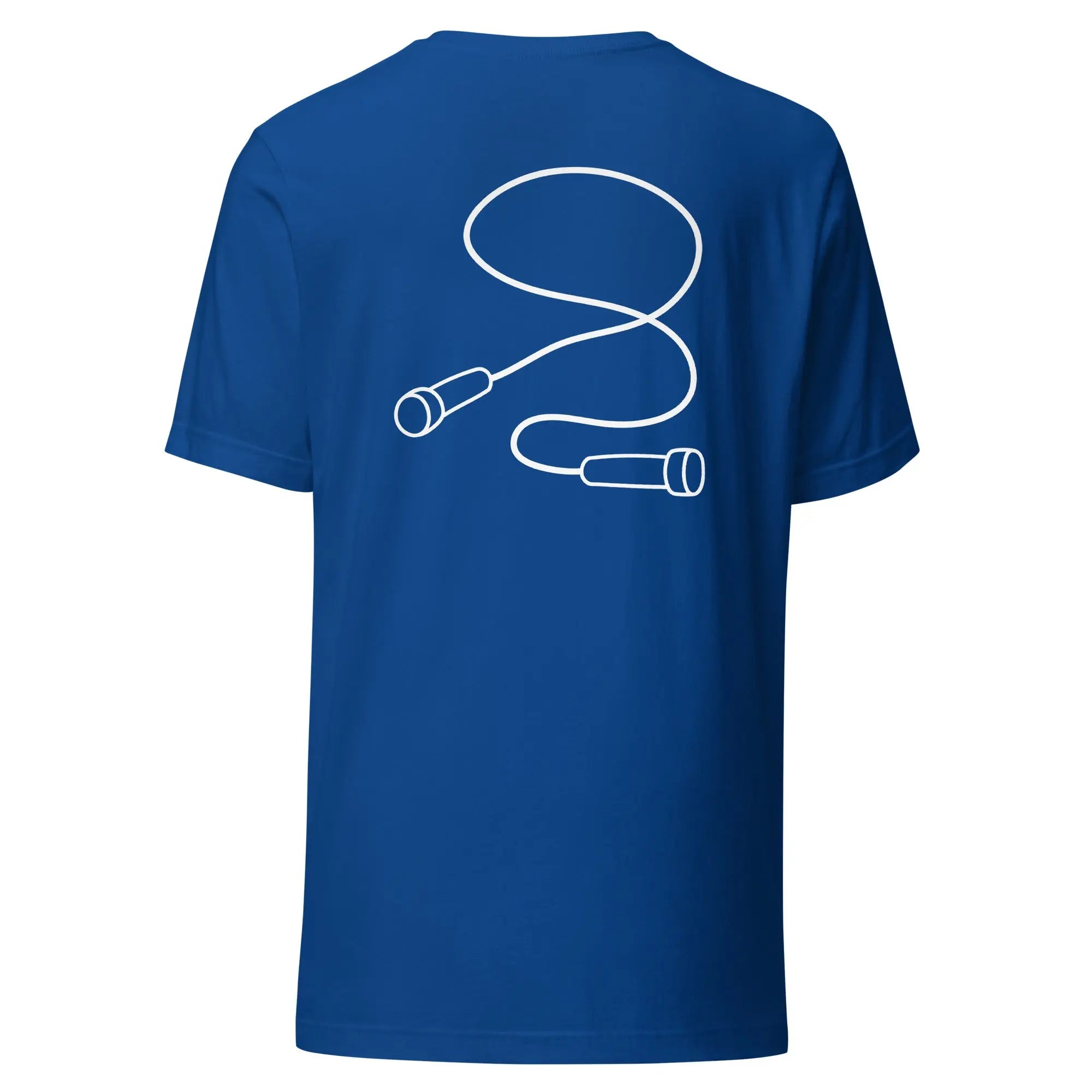 T-shirt imprimé bleu unisexe avec motif corde à sauter au dos.