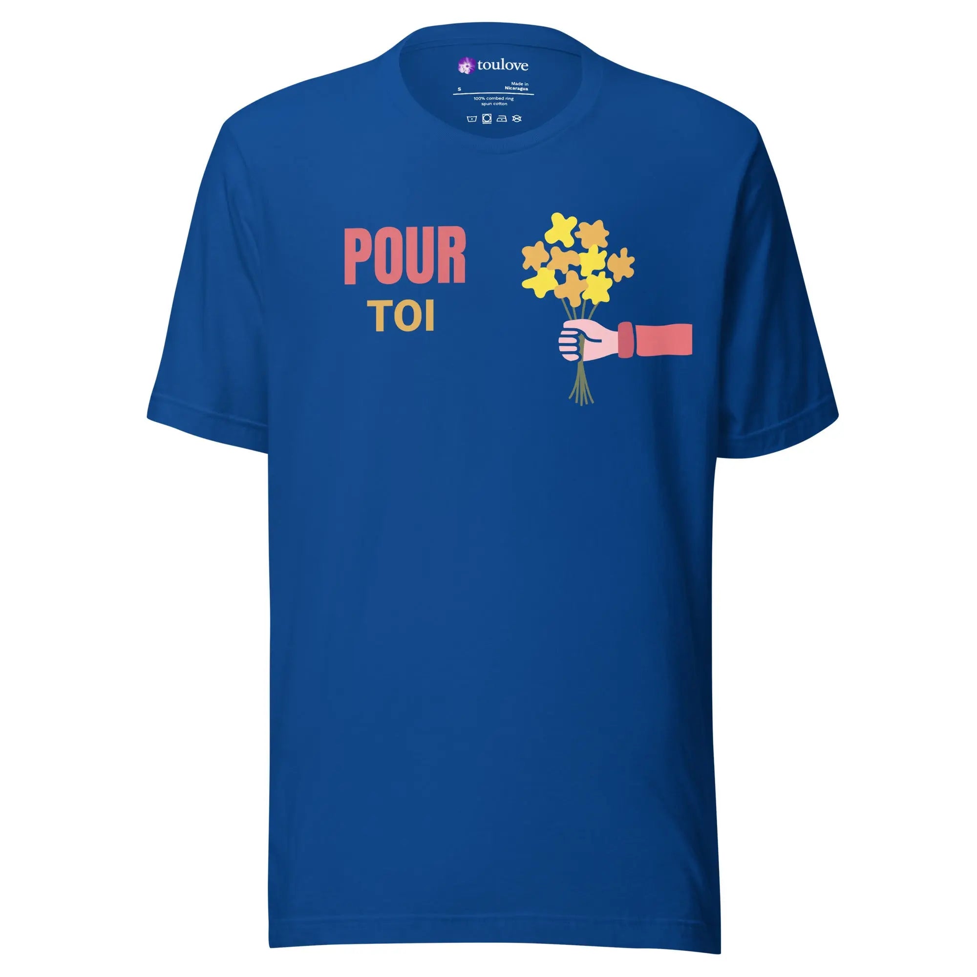 T-shirt imprimé bleu unisexe avec texte Pour toi et bouquet de fleurs jaunes.