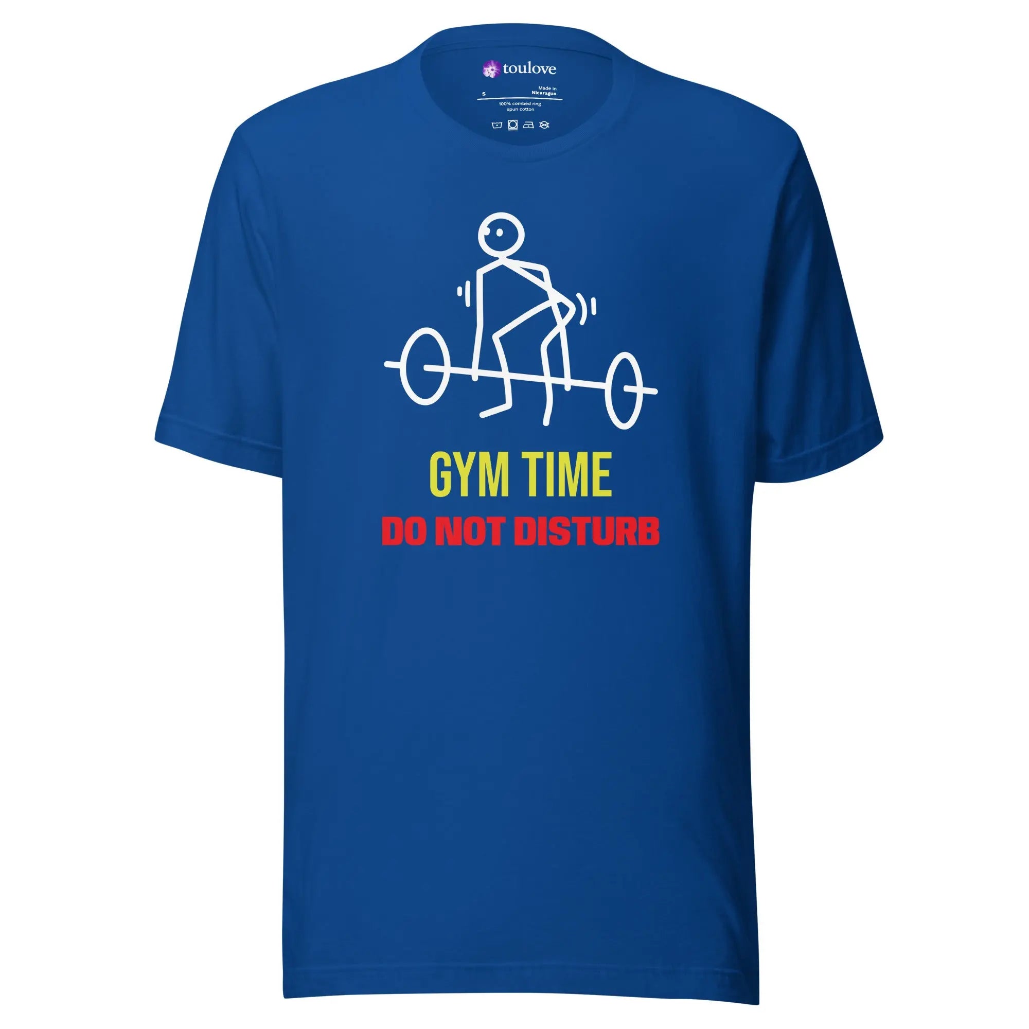 T-shirt imprimé bleu unisexe avec design Gym Time Do Not Disturb sur le devant.