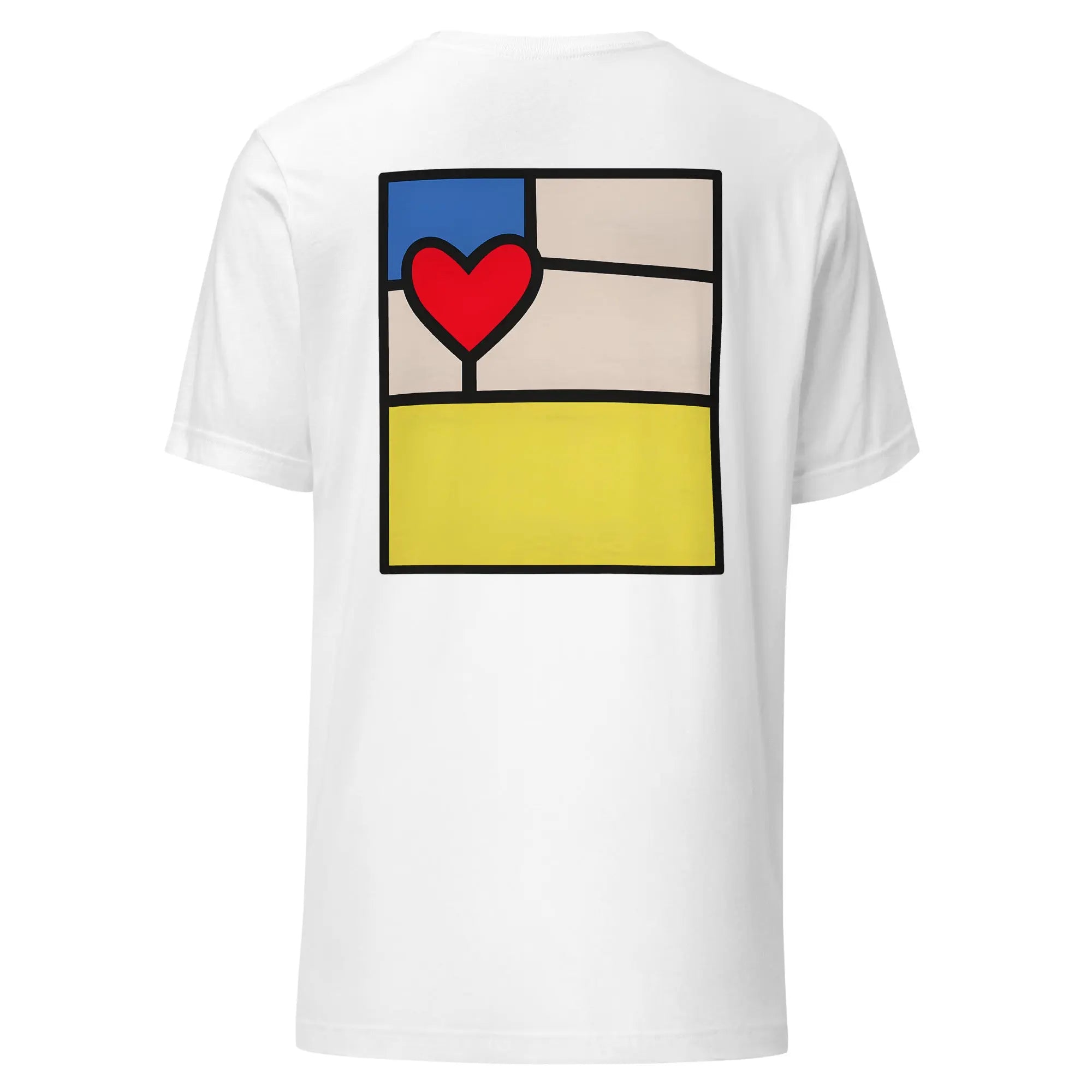 T-shirt imprimé blanc homme avec cœur rouge devant et design graphique coloré au dos