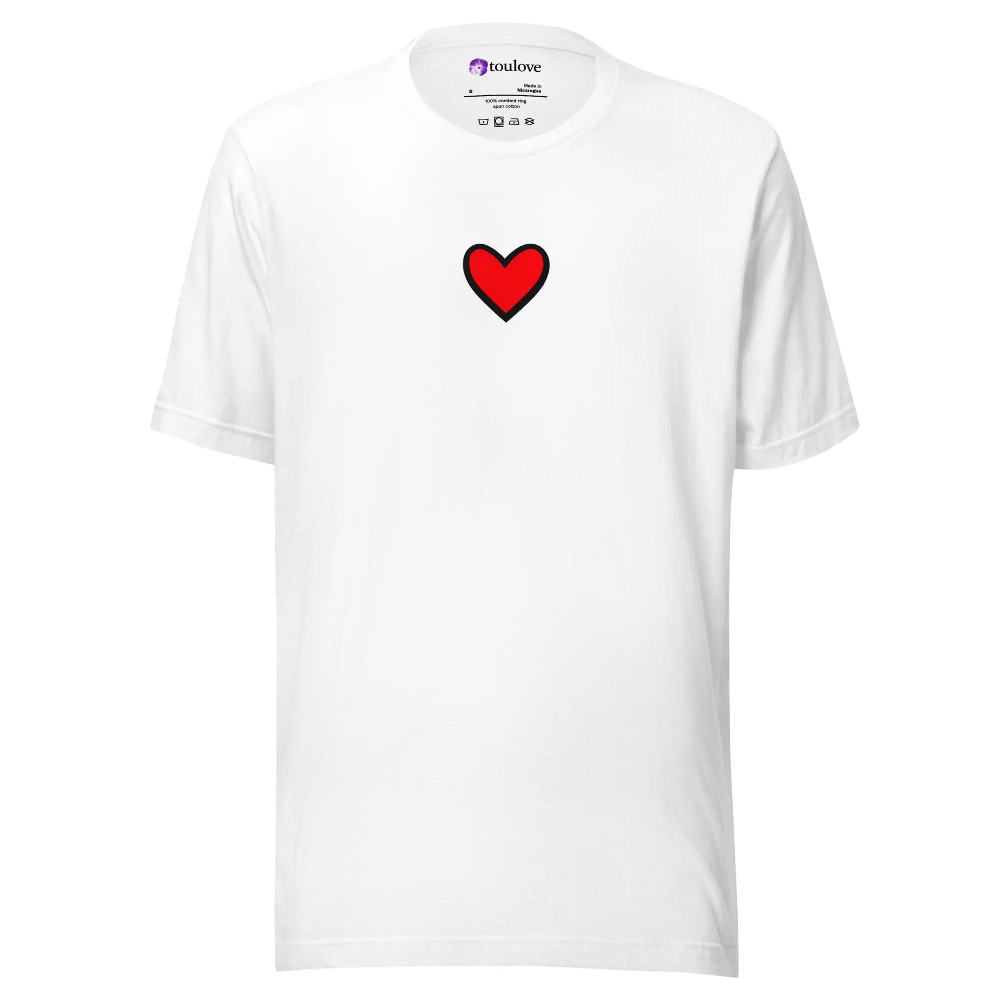 T-shirt imprimé blanc homme avec cœur rouge devant et design graphique coloré au dos