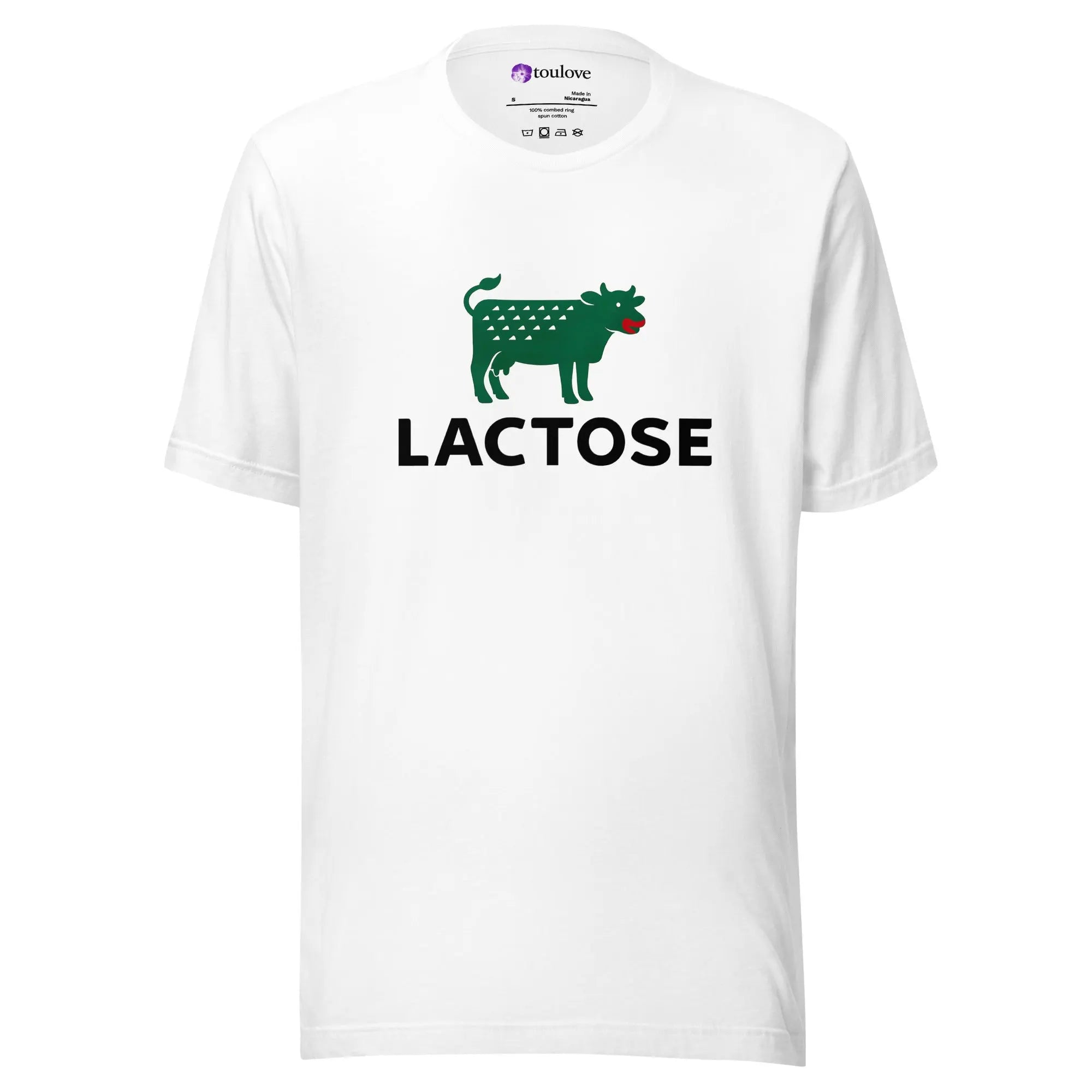 T-shirt imprimé Lactose blanc unisexe au design humoristique.