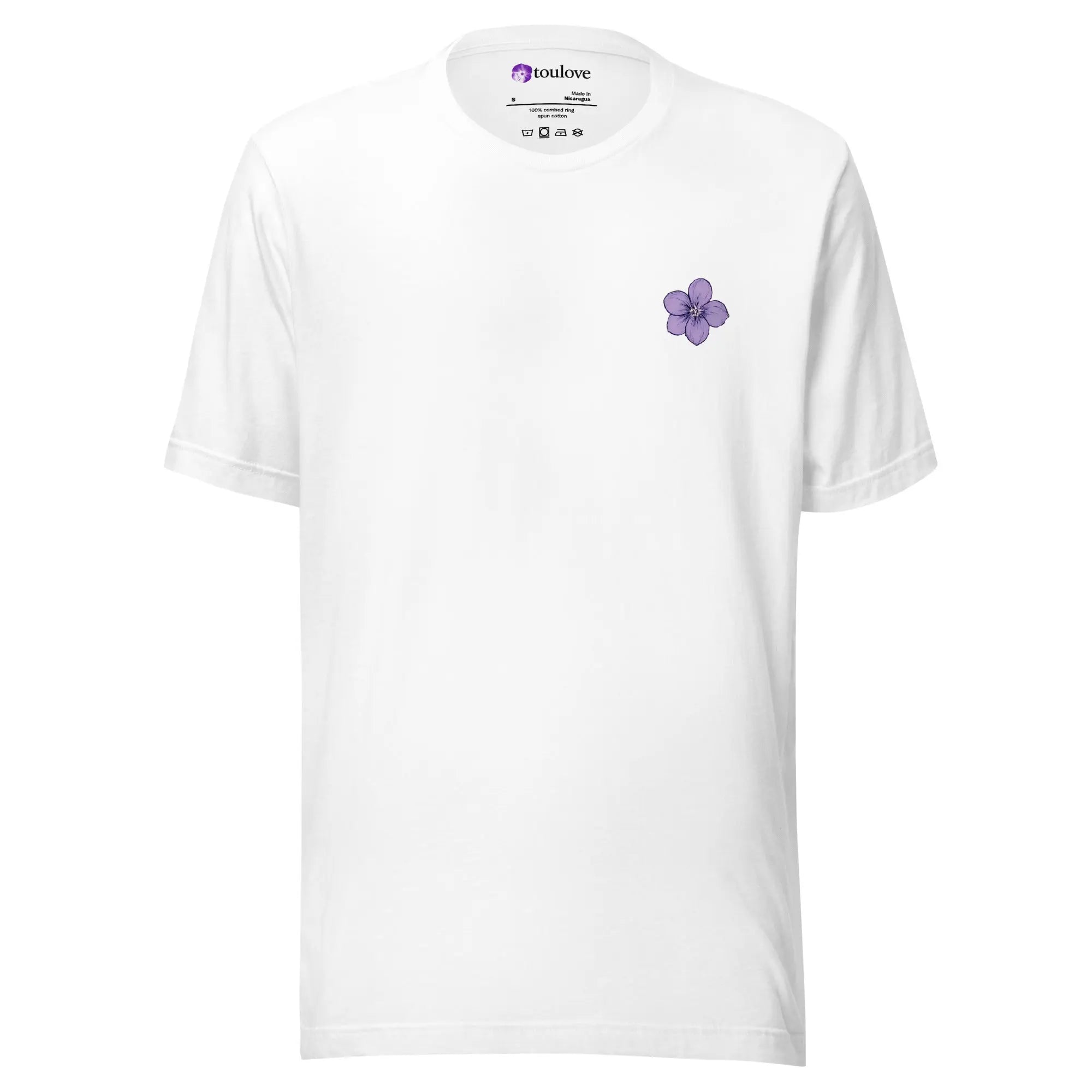 T-shirt imprimé blanc unisexe avec petite fleur violette sur le devant.