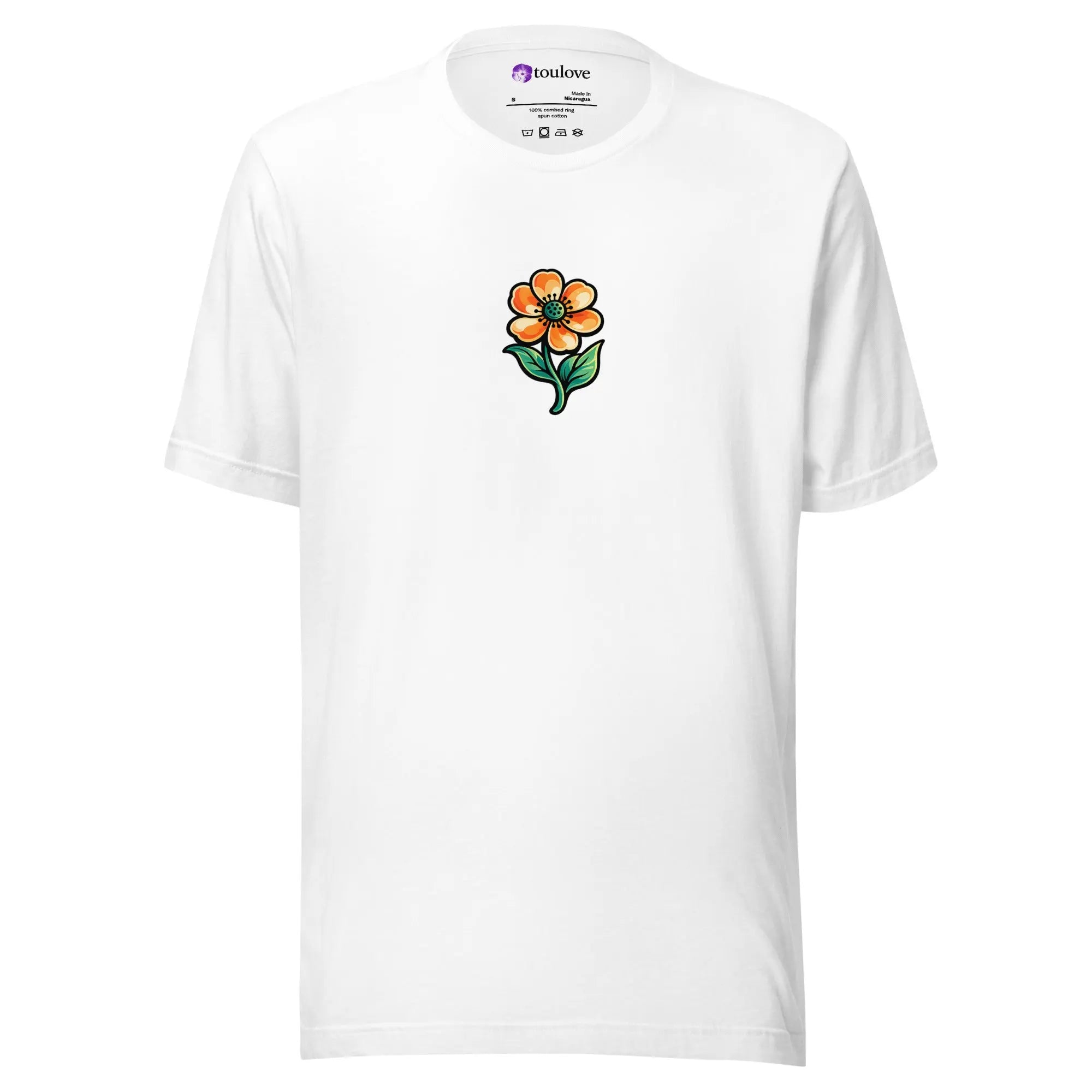 T-shirt imprimé blanc unisexe avec petite fleur colorée sur la poitrine.