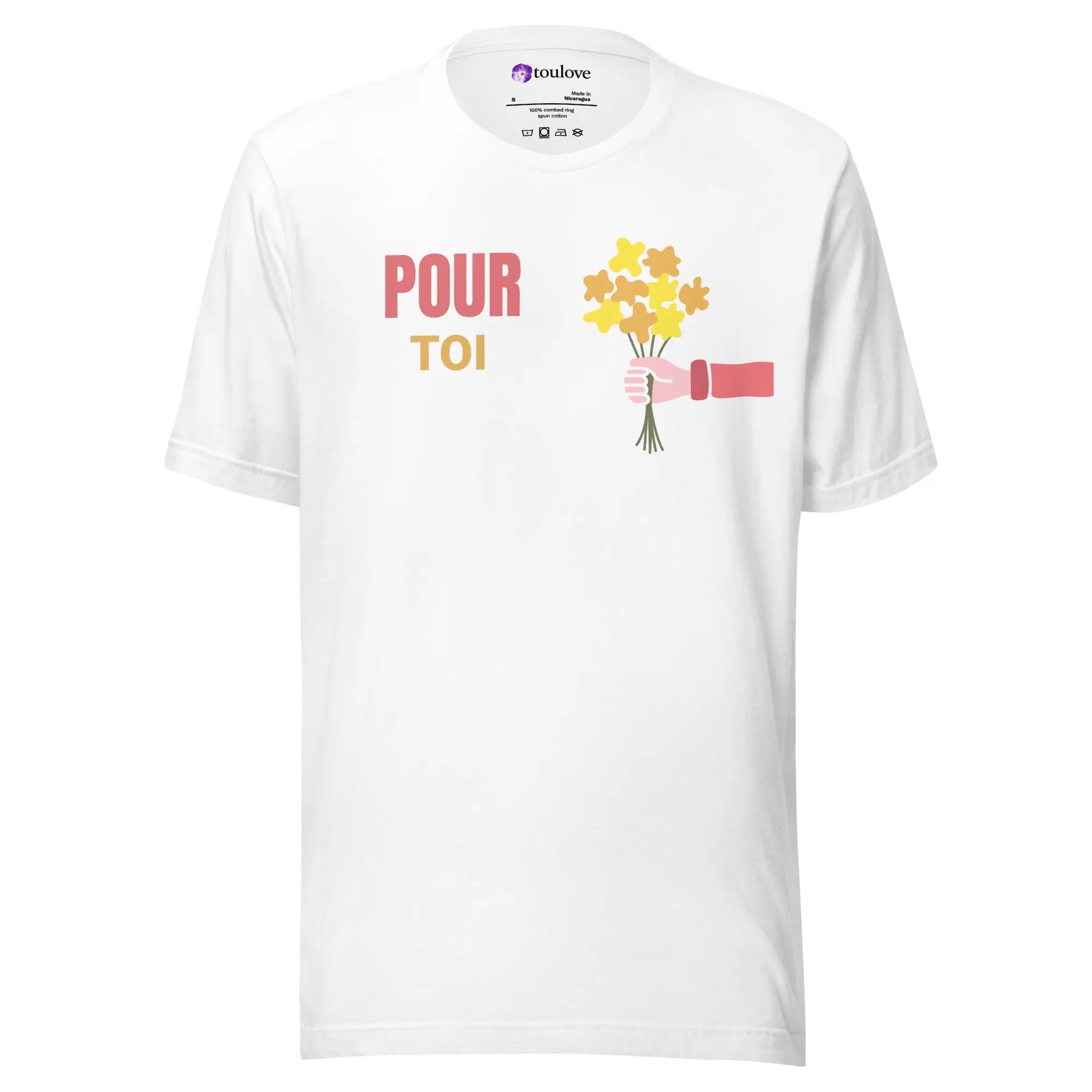 T-shirt imprimé blanc unisexe avec texte Pour toi et bouquet de fleurs jaunes.