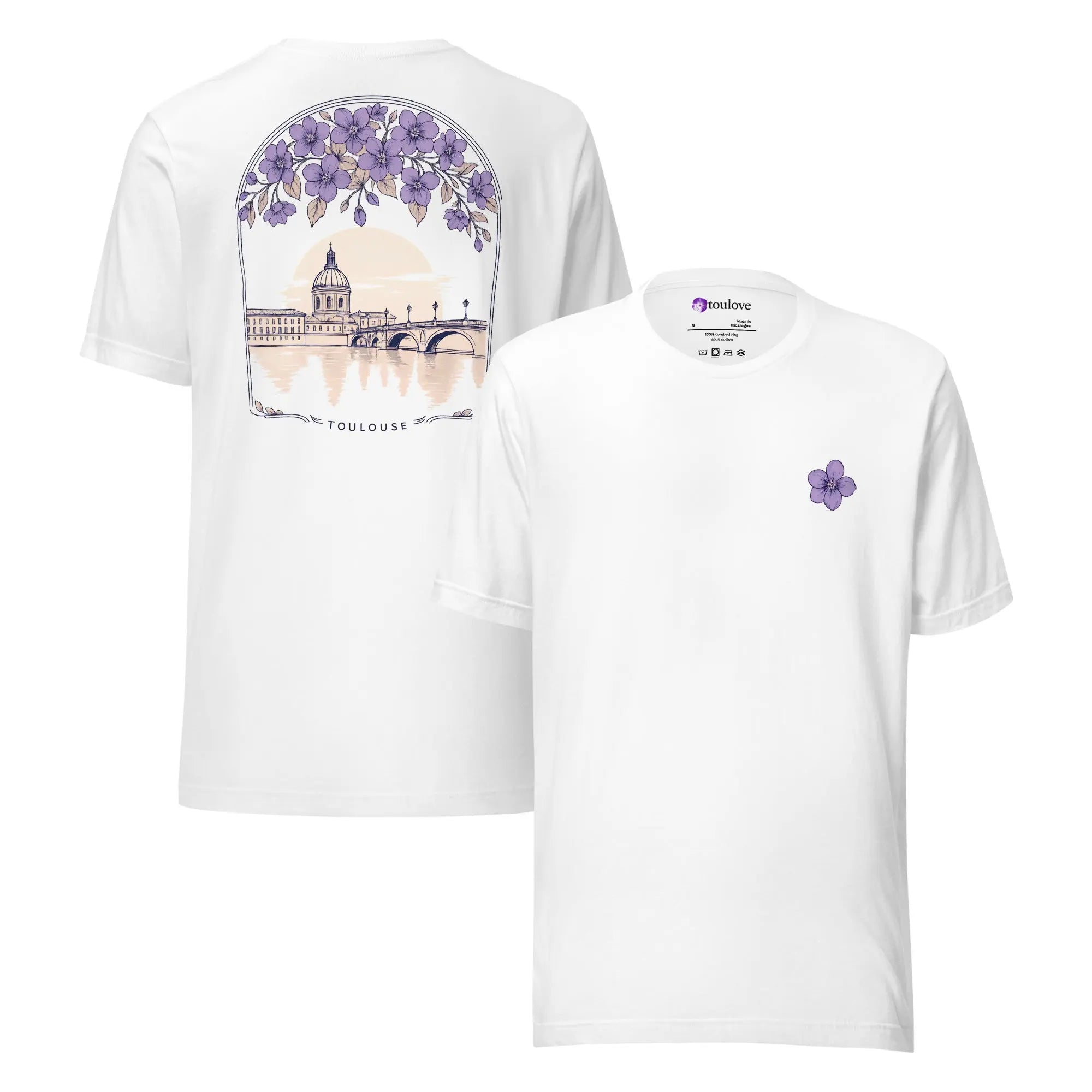 T-shirt blanc unisexe avec illustration violette et paysage de Toulouse.