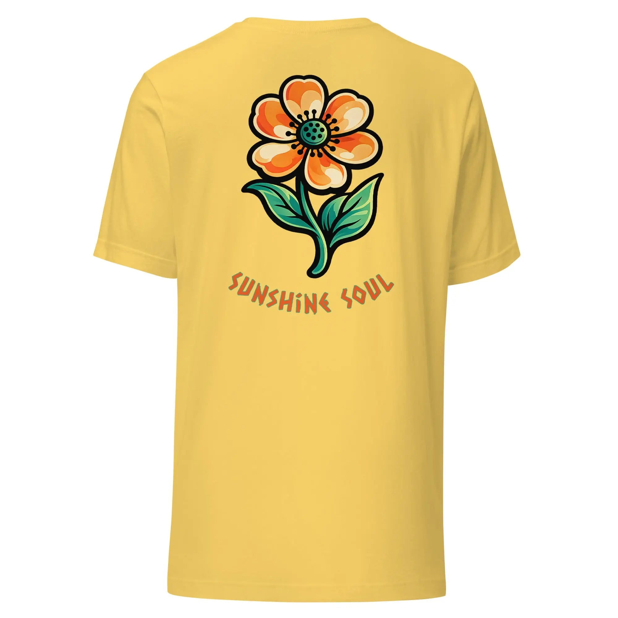 T-shirt imprimé jaune unisexe avec grande fleur Sunshine Soul au dos.
