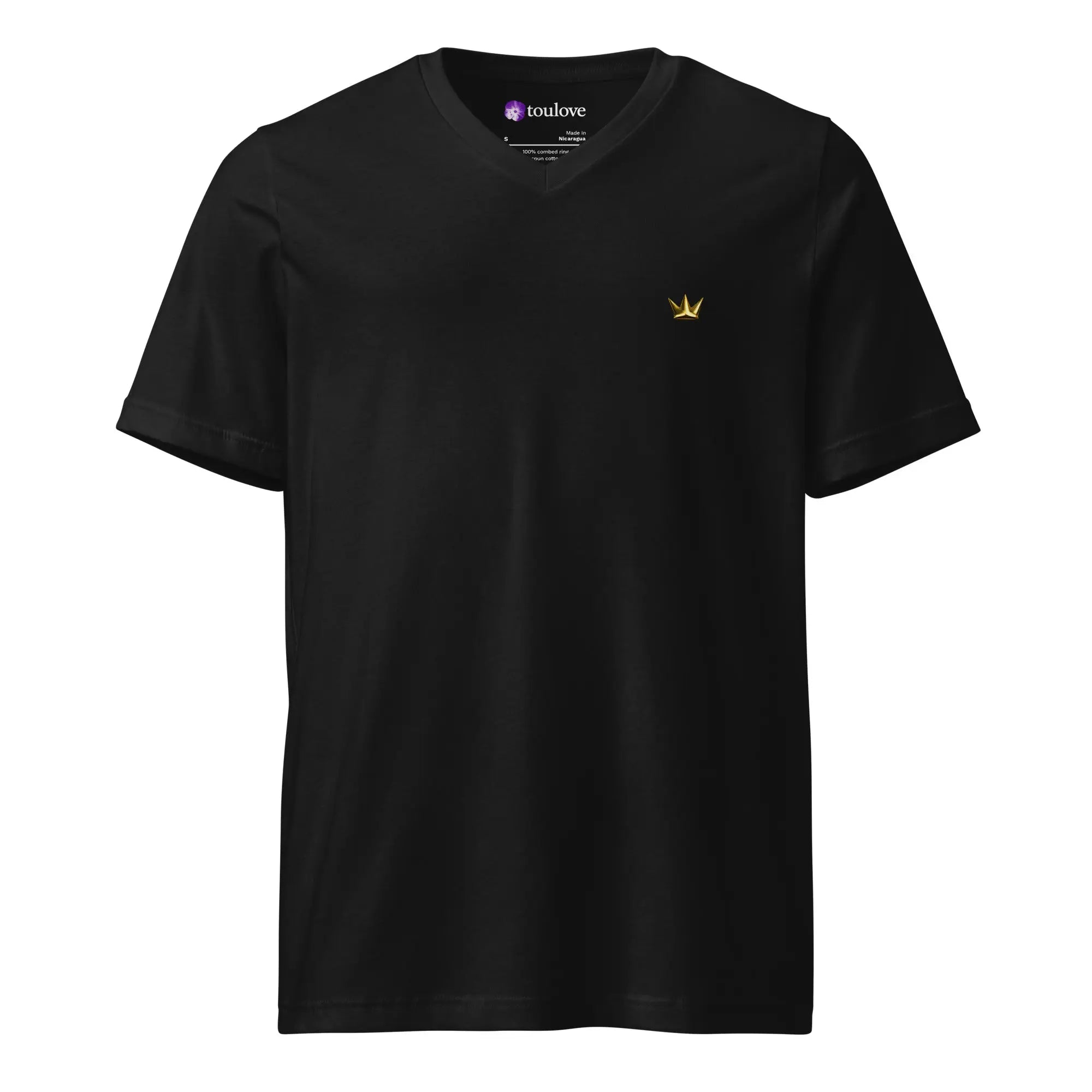 T-shirt col V noir homme avec couronne dorée sur la poitrine et design doré au dos