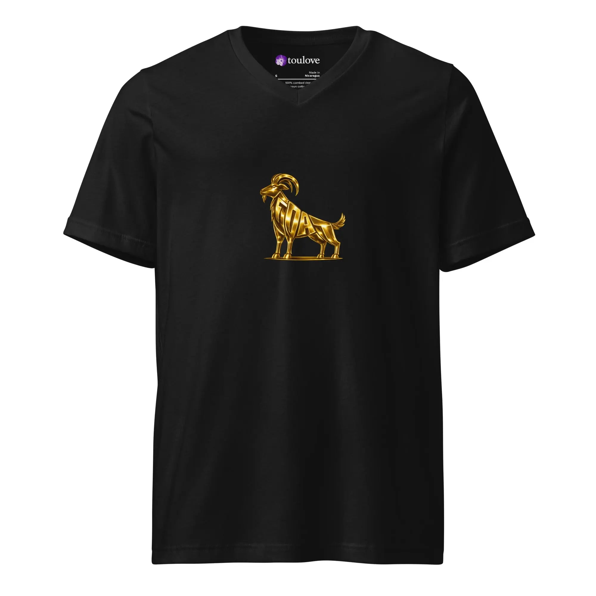 T-shirt col V noir homme avec goat doré imprimé au centre